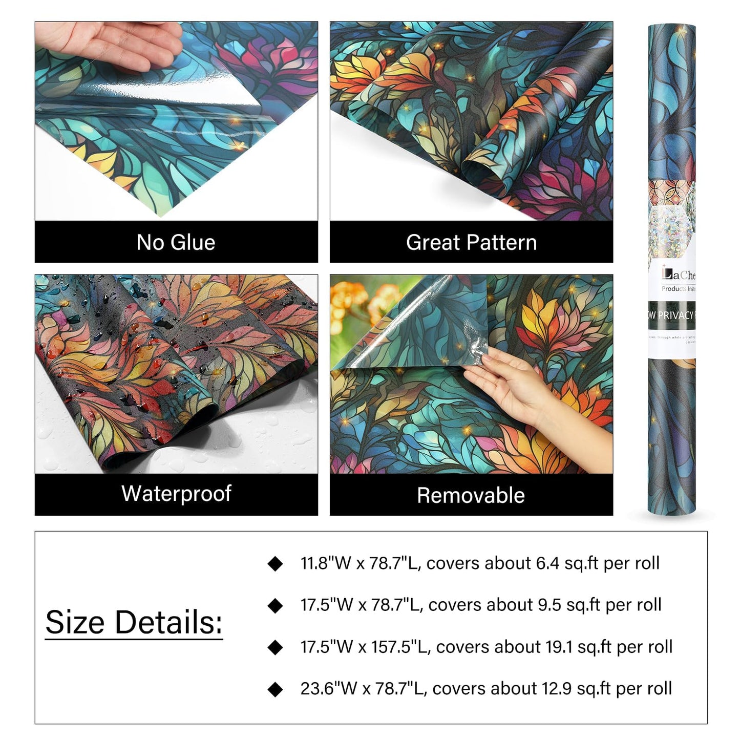 LaCheery 17.5"x157.5" Privacy Window Film Stained Glass Decorative Window Film for Glass Blue Floral Cling Privacy Films Renter Friendly Removable Windows Stickers for Bathroom No Glue Vinyl Anti UV