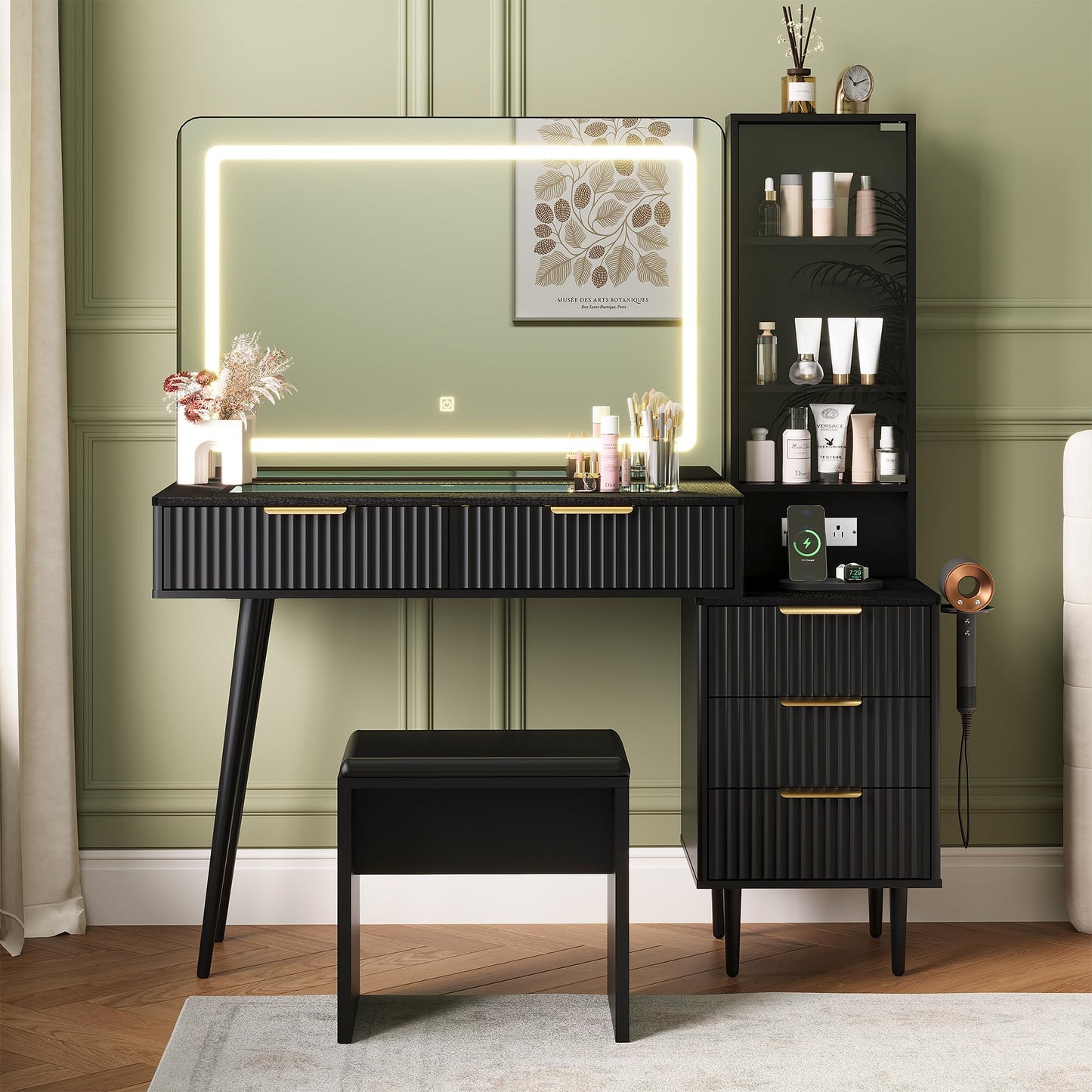 Makeup Vanity Desk with Large 36" Mirror and Lights, 48" Glass Top Big Vanity Table with 4 Drawers & Shelves, 3 Color Modes & Adjustable Brightness, Dressing Table with Charging Station ＆ Soft Stool