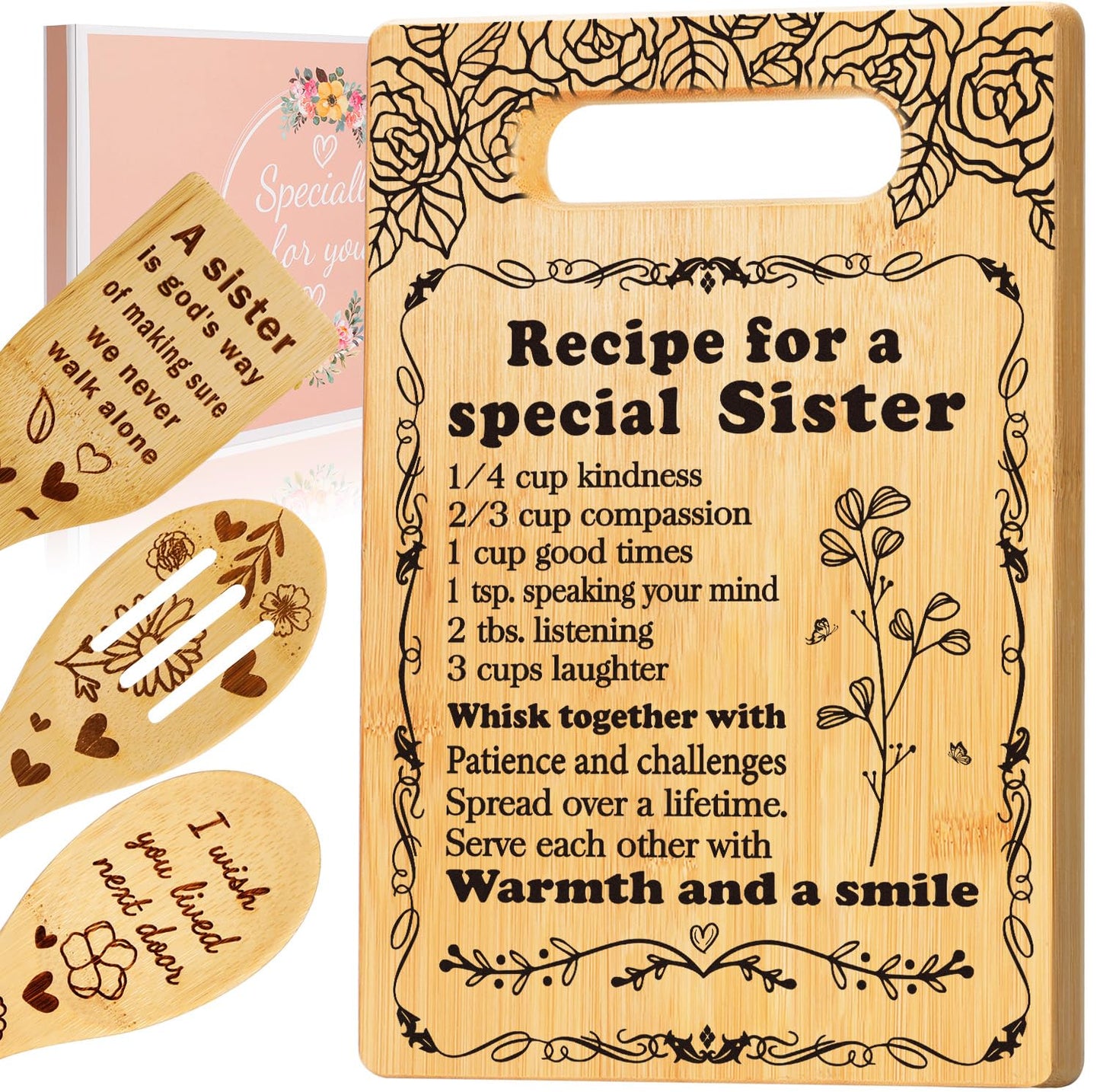 Sister Birthday Gifts Cutting Board Set, Recipe for a Special Sister - Mothers Day Birthday Gifts for Sister from Sister Engraved Utensil Friendship Gift for Women Bestie Best Friend Soul Sister