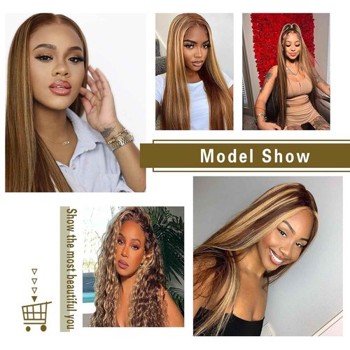 Realloves Highlight Ombre Human Hair Bundles with Closure 10A Highlight Brown Blonde 3 Bundle with 4X4 Closure Free Part (12 14 16+12Inch) Soft Straight Honey Brown Bundles Human Hair