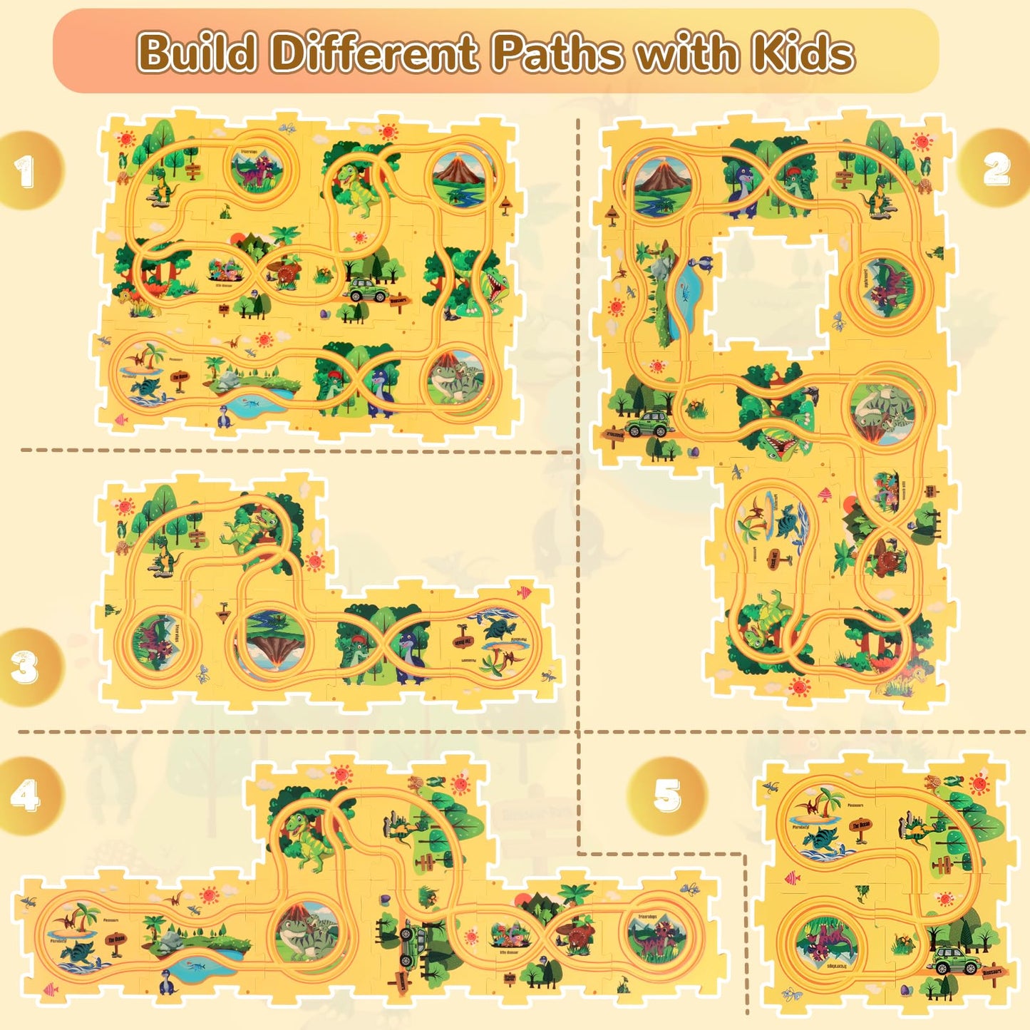 Plastic Dinosaur Puzzles for Kids with A Cute Car, Montessori Toys for 3 4 5 6 Year Old Boys, Race Tracks for Kids 3-5, Toddler Puzzle Track Play Set, Gifts for 3 4 5 6 Year Old Boys Toys