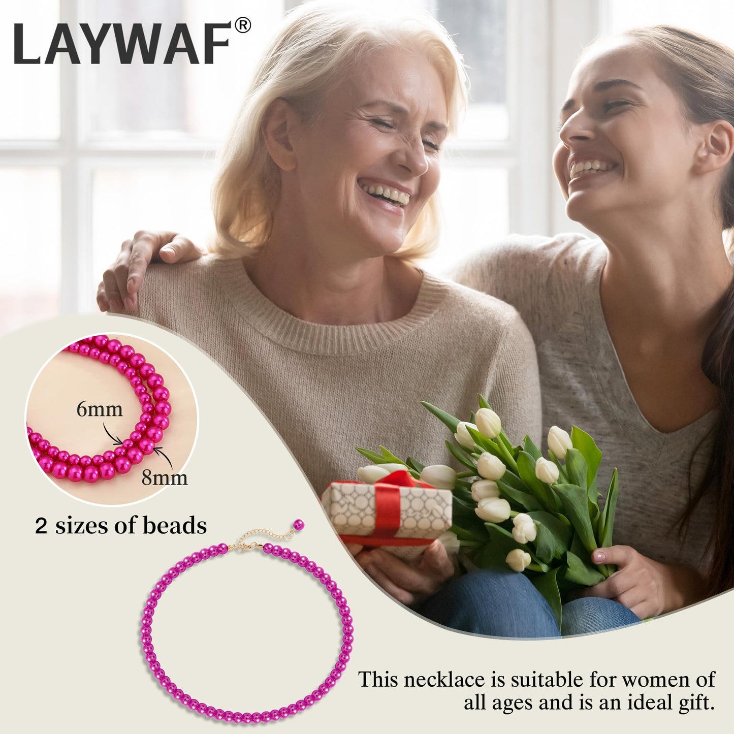 LAYWAF Imitation Pearl Fuchsia Hot Pink Necklace for Women, Fake Pearl Choker, 8MM Beaded Necklace, Simple Dainty Faux Pearl Jewelry for Mom Wedding, Costume Pearl Accessories