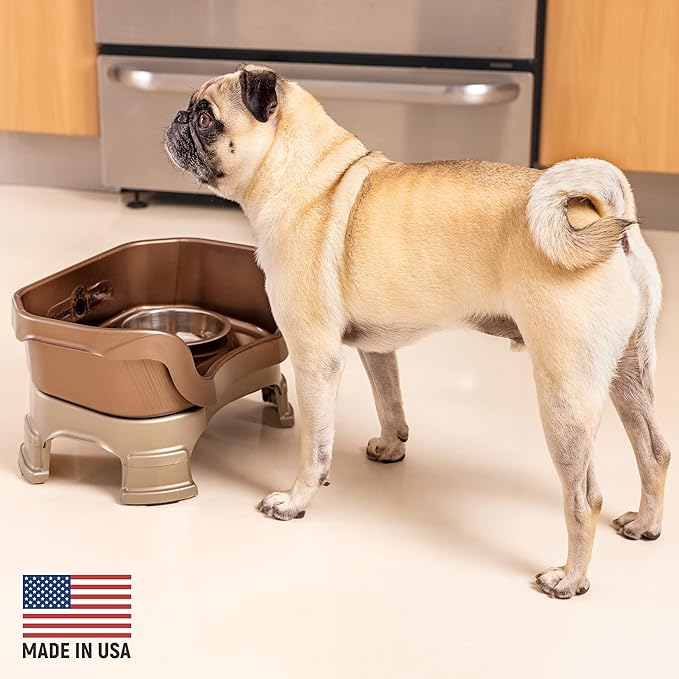 Neater Feeder Deluxe Mess Proof Dog Bowls Elevated for Small Breeds – Made in USA – No Spill Raised Dog Food Bowl Stand w/Leg Extensions – Stainless Steel Dog Food and Water Bowl Set – Bronze