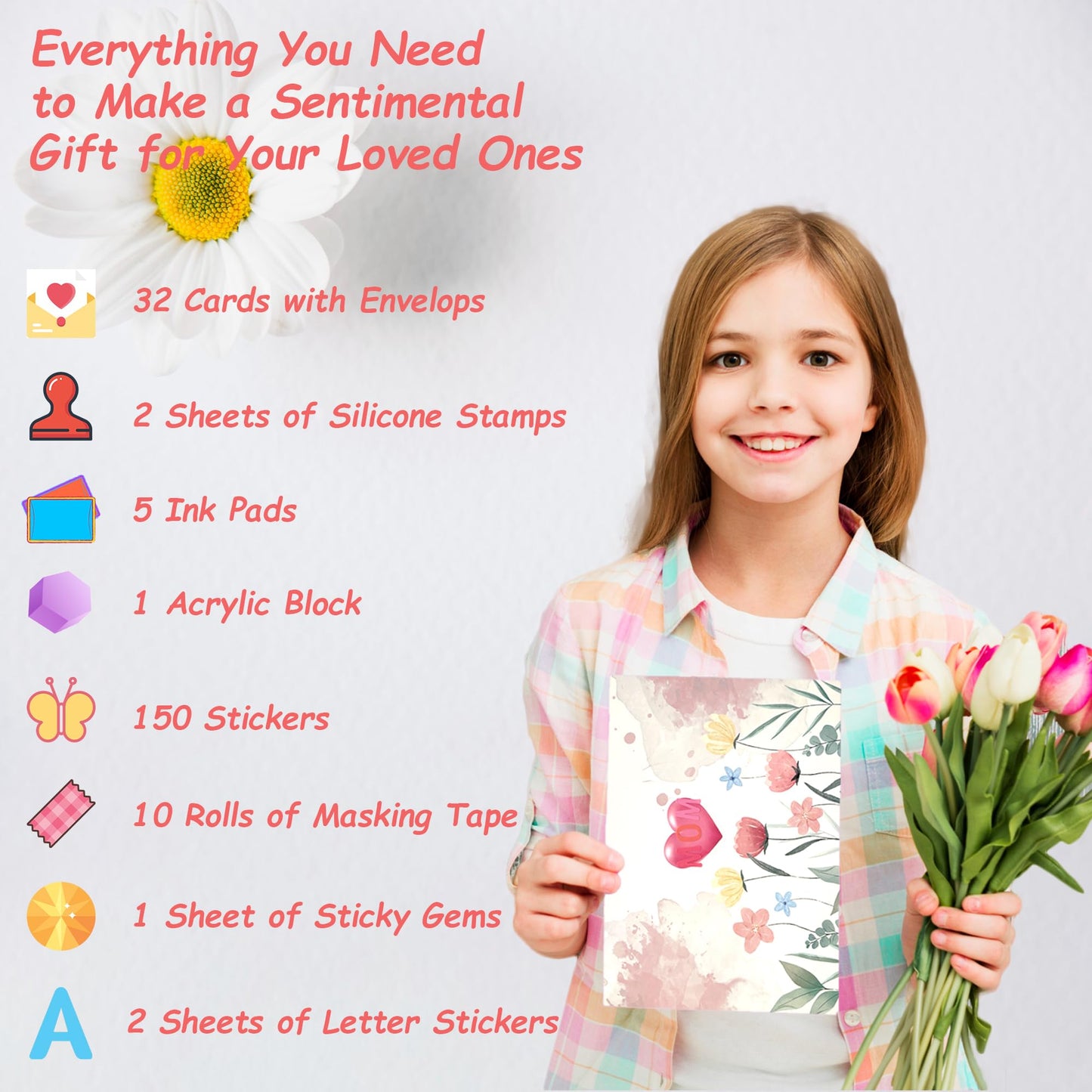 Card Making Supplies, Card Making Kit For Adults And Kids, 32 Blank Greeting Cards & Envelopes With Reusable Stamps DIY Greeting Card Set - Thank You Birthday Mother's Day Christmas Congradulation