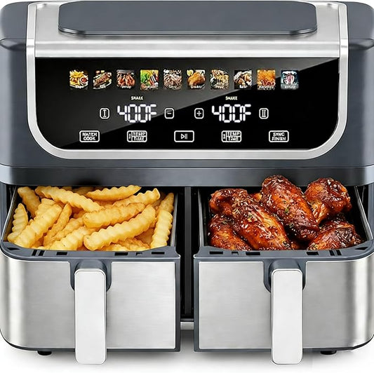 HealSmart 9.5Qt Dual Basket Air Fryer, 10-in-1 Smart Air Fryer with 1700W, Independent Temperature Control, Sync Cook & Shake Reminder, Nonstick Air Fryer Oven for Family Meals, Grey