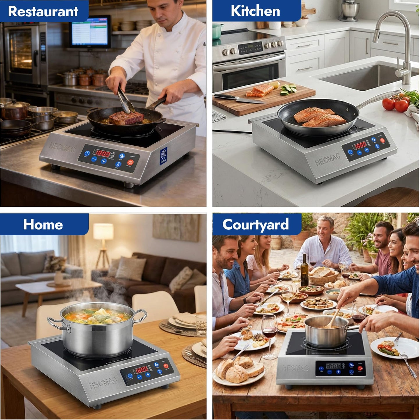HECMAC 1800W Commercial Induction Cooktop with ETL Certified, Stainless Steel Induction Burner with Large 8" Heating Coil, Induction Cooker with Smart Temperature Control,4 Hours Timer