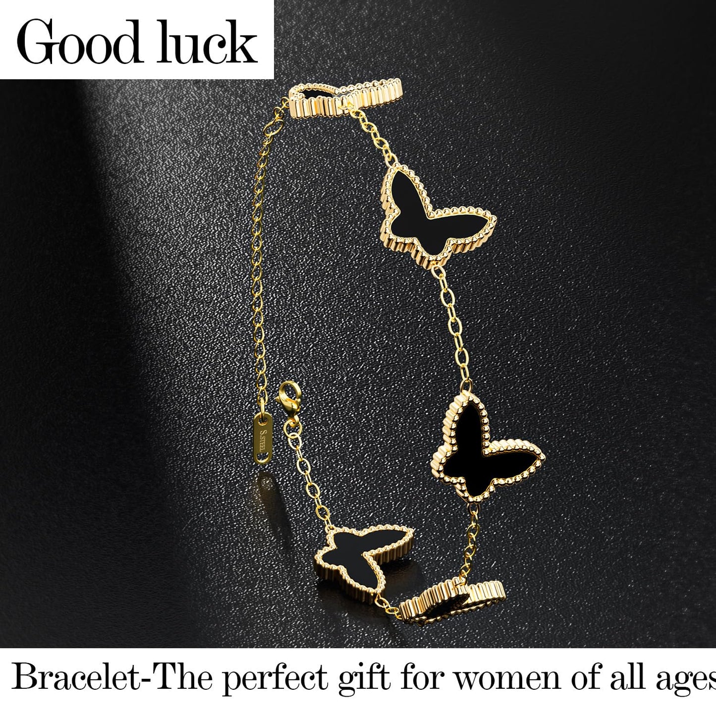 AICase 18K Gold Plated Clover Bracelet Dupes Black Bracelet Set for Women Butterfly Flower Leaf Lucky Clover Bracelets Trendy Jewelry Birthday Gifts for Women/MoM/Friends_Black