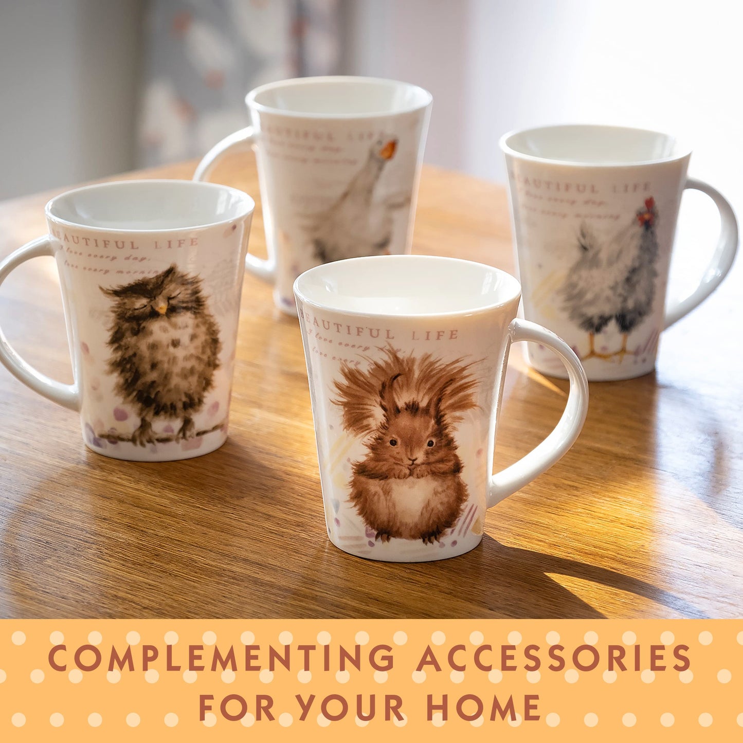 SPOTTED DOG GIFT COMPANY Animal Coffee Mugs Set of 4, 12.2 oz Ceramic Mugs & Tea Cups with Owl Squirrel Chicken Goose Designs, Microwave & Dishwasher Safe, Animal Lover Gifts for Women & Men