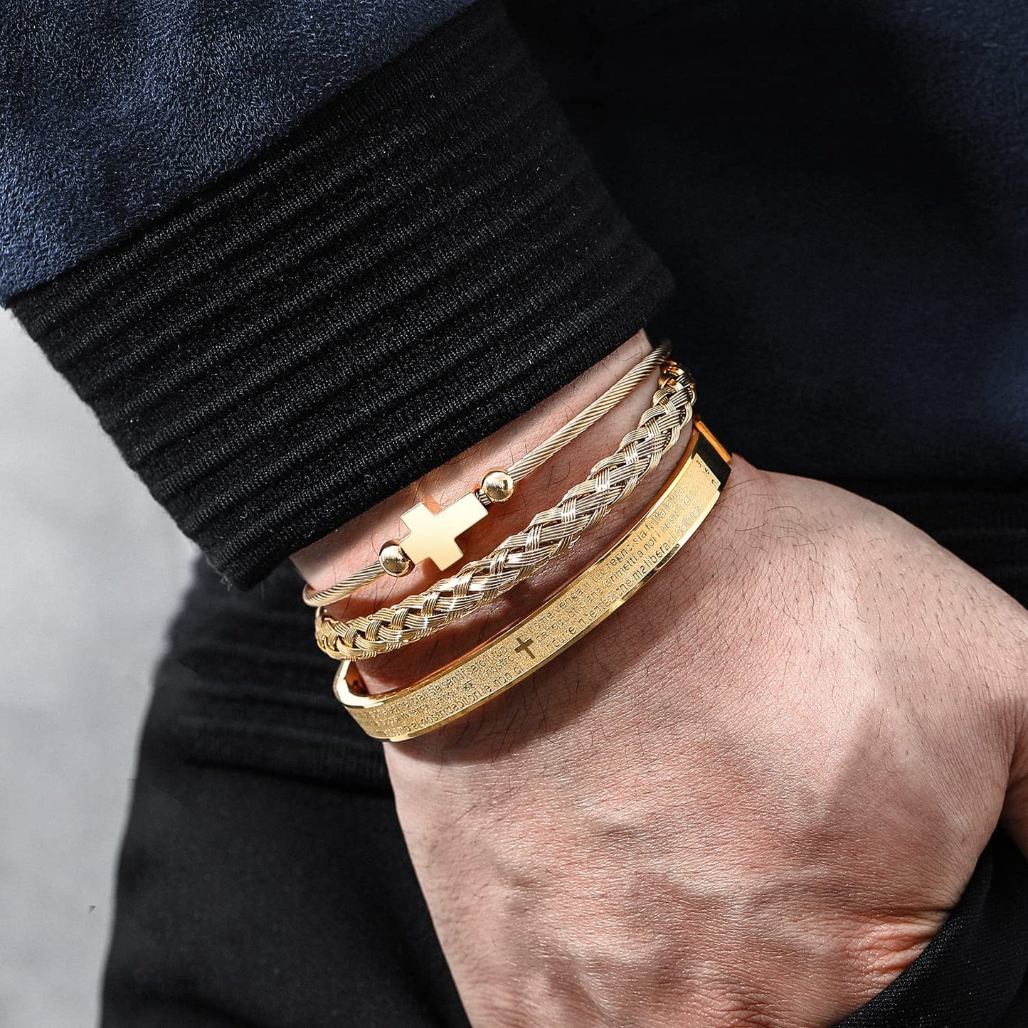 WFYOU 3PCS Stainless Steel Bracelets for Men Gold Roman Numeral Bangle Bracelet Twisted Cable Bracelet Adjustable Cuff Bracelet Mens Luxury Jewelry Bracelets Gifts