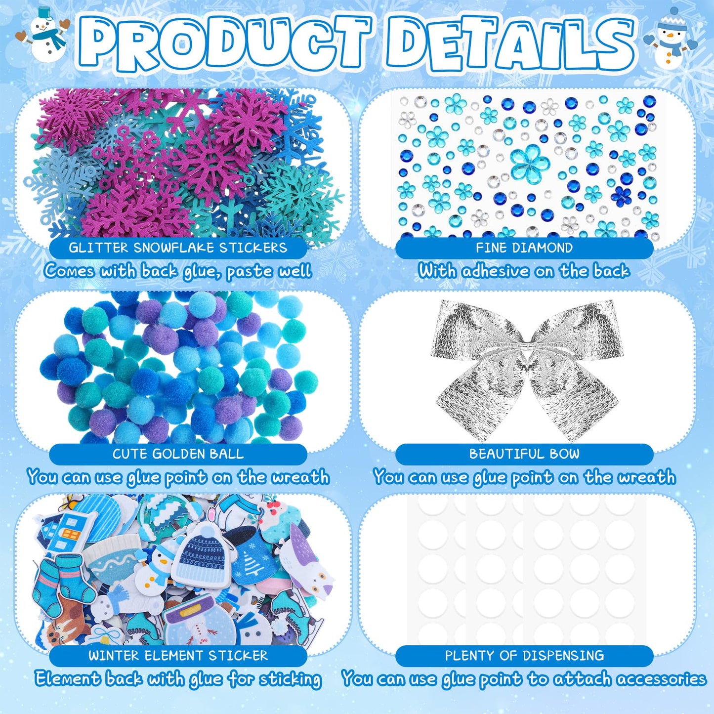 Moucuny 620/600 Pcs Winter Wreath Craft Kits DIY Snowman Christmas Wreath Crafts Kits Xmas Winter Home Decorations for Party Favors(Polar,Purple, Cyan, Light Blue, Dark Blue)