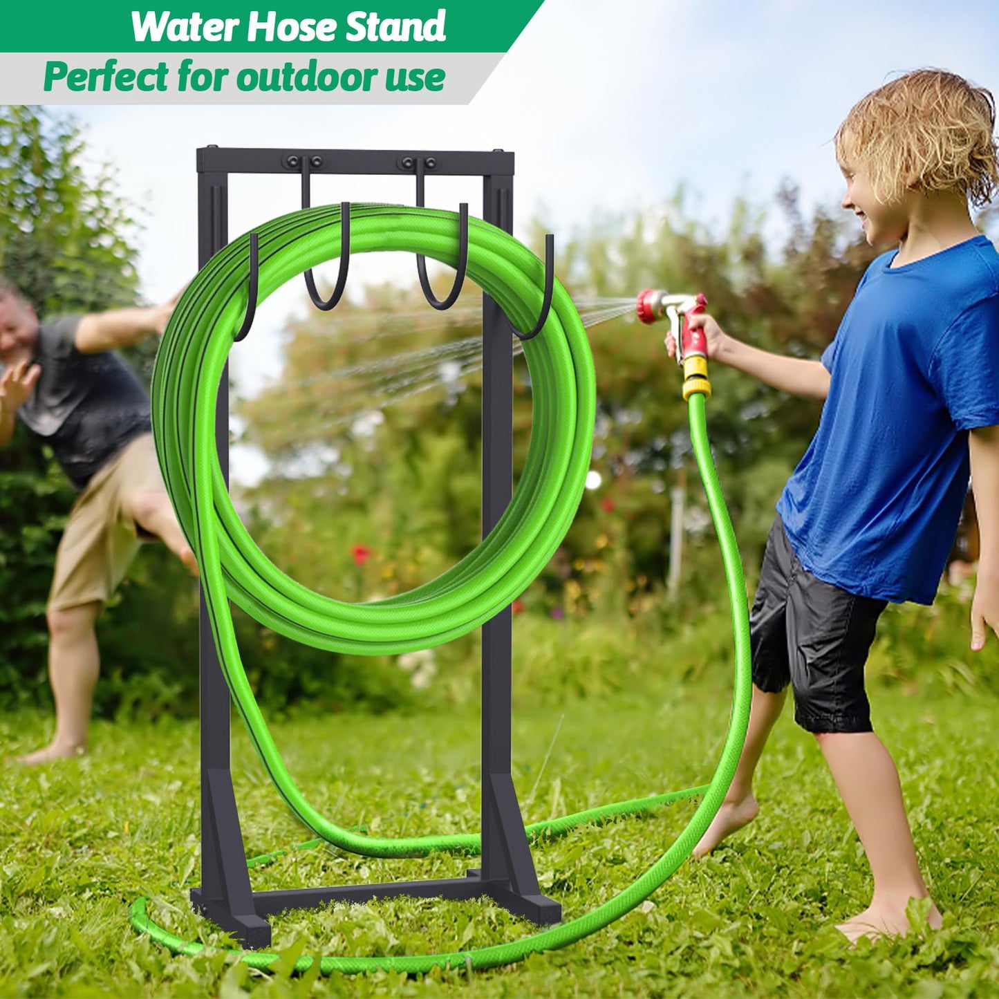 Heavy Duty Garden Hose Holder – 4-Hook Outdoor Water Hose Holder with 4 Reinforcing Spikes, Durable Hose Holder Organizer for Yard & Lawn