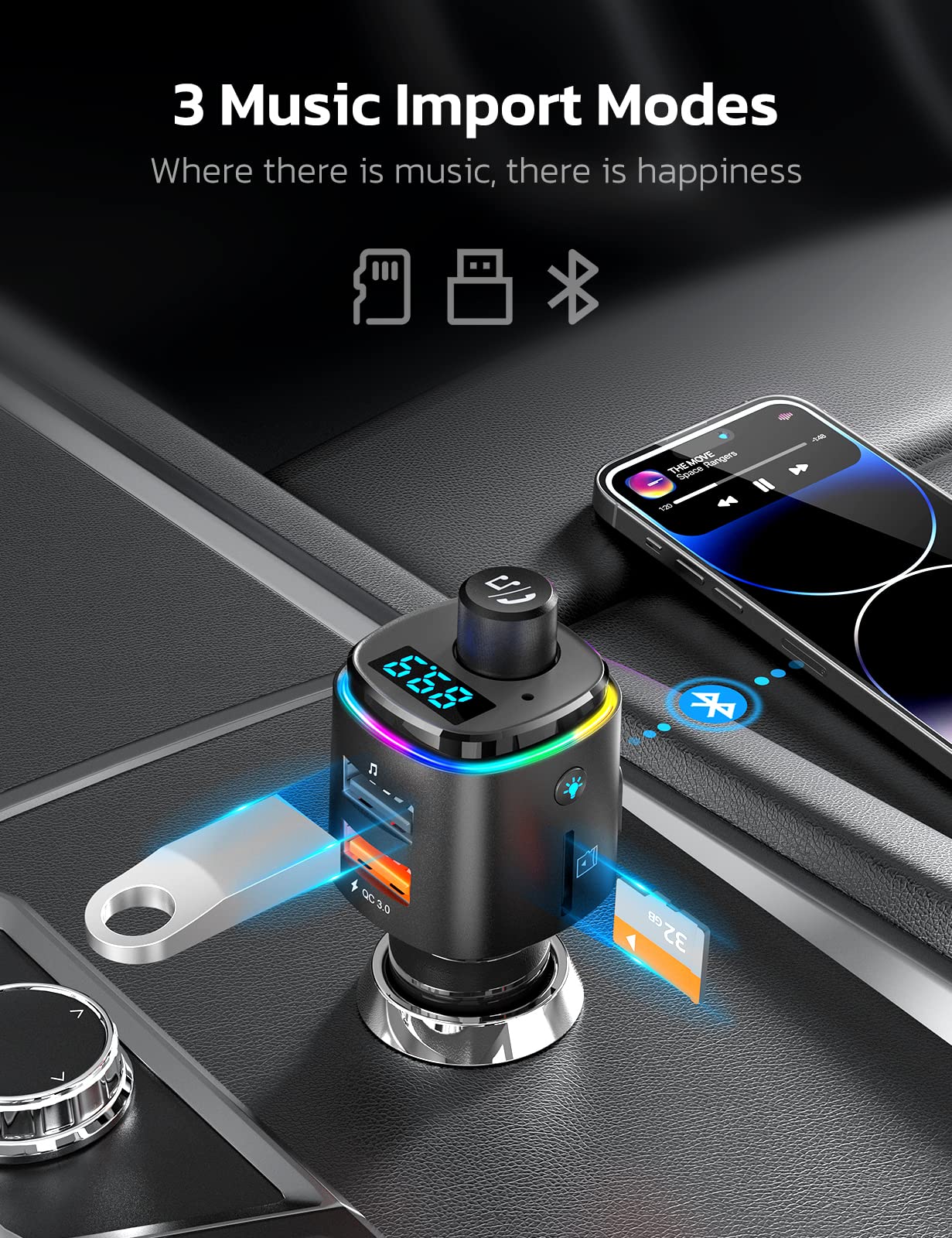 Nulaxy Bluetooth FM Transmitter, QC3.0 Fast Charge Bluetooth Car Adapter, Wireless Radio Car Kit with 7 Color LED Backlit, USB Flash Drive, microSD Card, Glossy Black