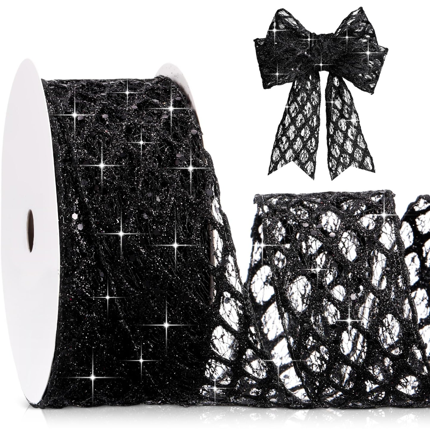 Geosar 20 Yards Black Glitter Mesh Wired Ribbon, Elegant Tulle Ribbon for Luxury Gift Wrapping, Wedding Decor, Graduation Party, Flower Bouquet & DIY Craft Supplies (2.5 Inch)