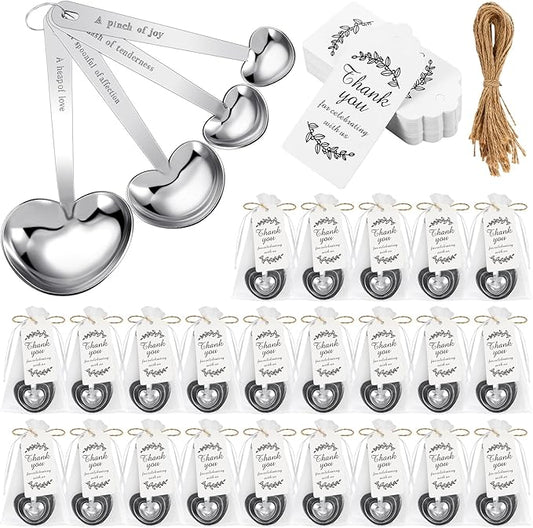 Umigy 12 Set Heart Shaped Measuring Spoon Tea Spoons Wedding Baby Shower Favors for Guests Set Heart Shape Drawstring Organza Bag Gift Tag Rope for Wedding Bridal Shower Souvenir (Silver)