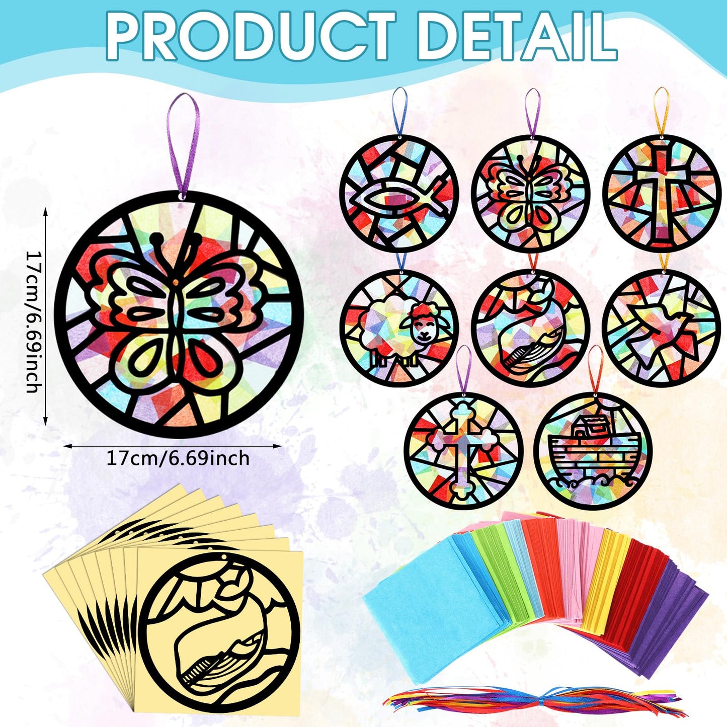 Eersida 32 Pcs Christian Suncatcher Craft Kit,Religious Stained Glass Tissue Paper VBS Sunday School Bible Crafts Bible Story Christian Window Decor for Classroom Church Group School Faith Decor