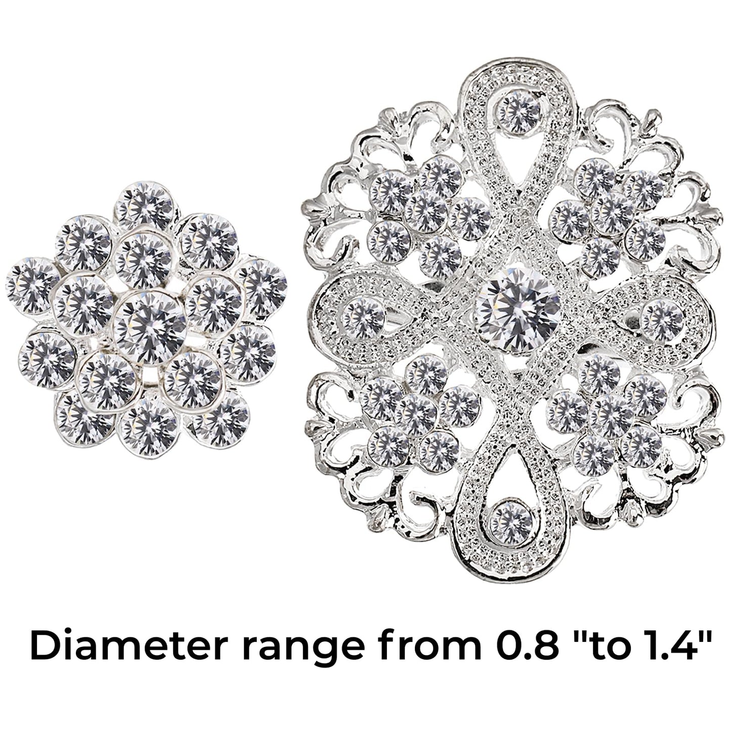 Hiceeden Lot 24 Pcs Crystal Brooches Pins, Silver Shining Clear Rhinestone Brooches Flower Jewelry Bridal Wedding Bouquet Kit Gift for Girls, Women, DIY Decoration