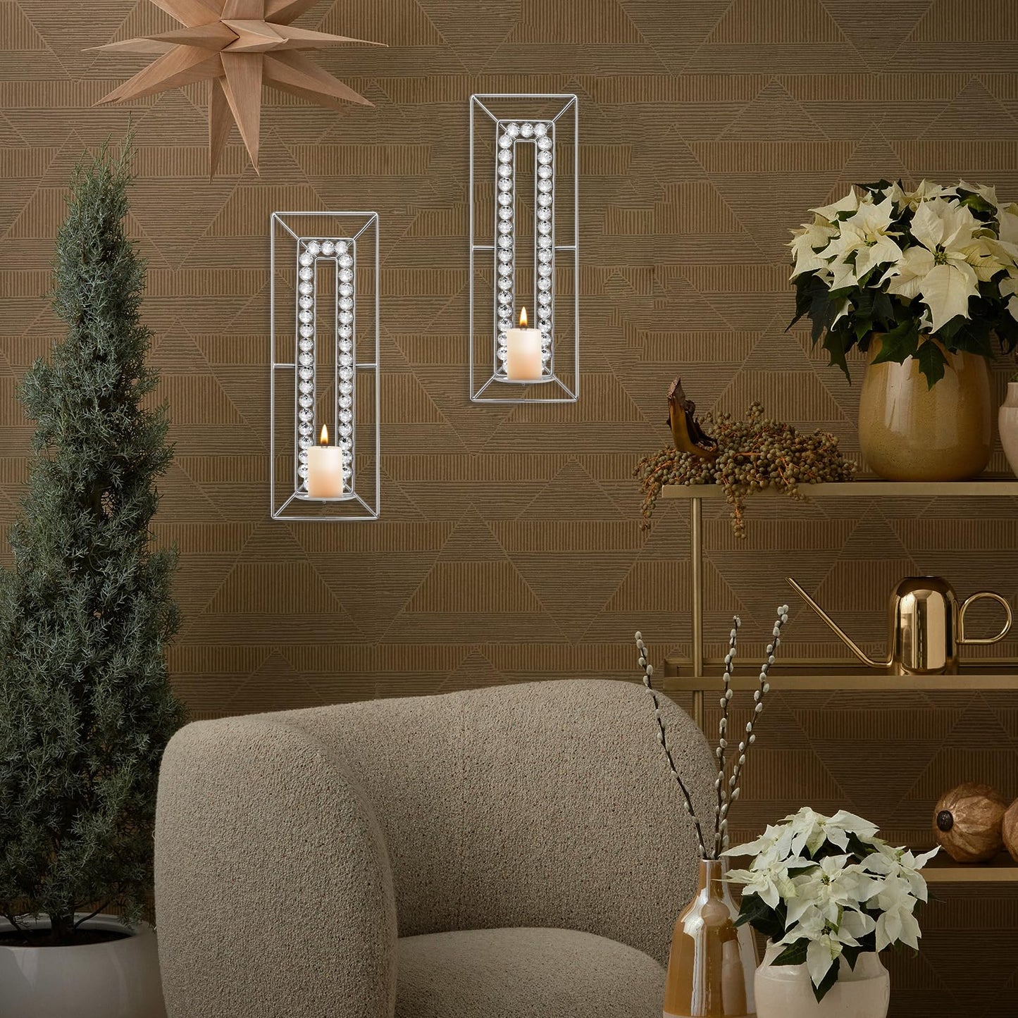 Sxnzequnze Crystal Candle Holder Silver Wall Sconces Set of 2 Glam Room Decor Wall Art Luxury Decorations Fireplace Mantel Decor Home Décor Accents for Living Room Kitchen Bedroom Dining Room Bathroom