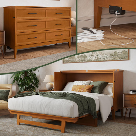 AFI, Santa Fe Queen Murphy Bed Chest with 6" Mattress & Built-in USB Charger, Light Toffee