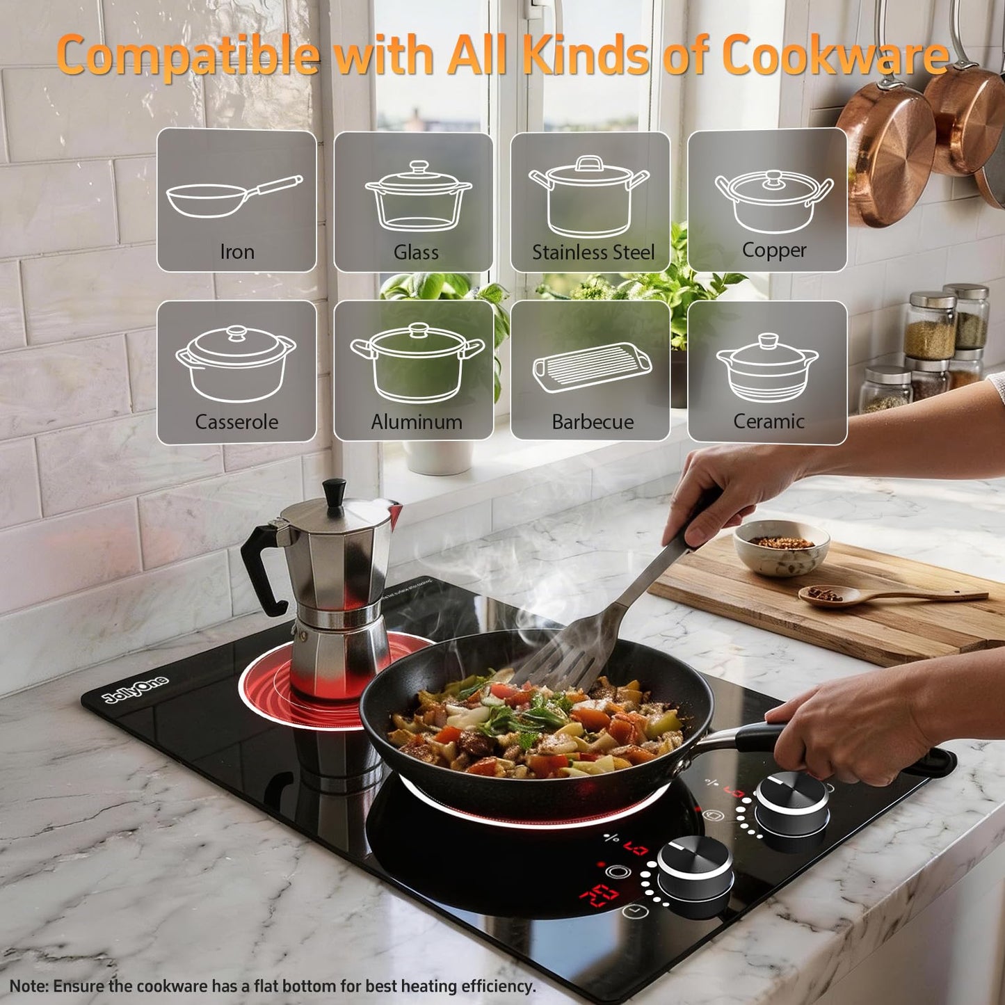 JollyOne 2 Burners Electric Cooktop 12 Inch, 1800W Knob Control Electric Stove Top Burner Hot Plate, 110V-120V Bulit-in & Countertop Ceramic Radiant Stove with Timer, Multi-Ring Control