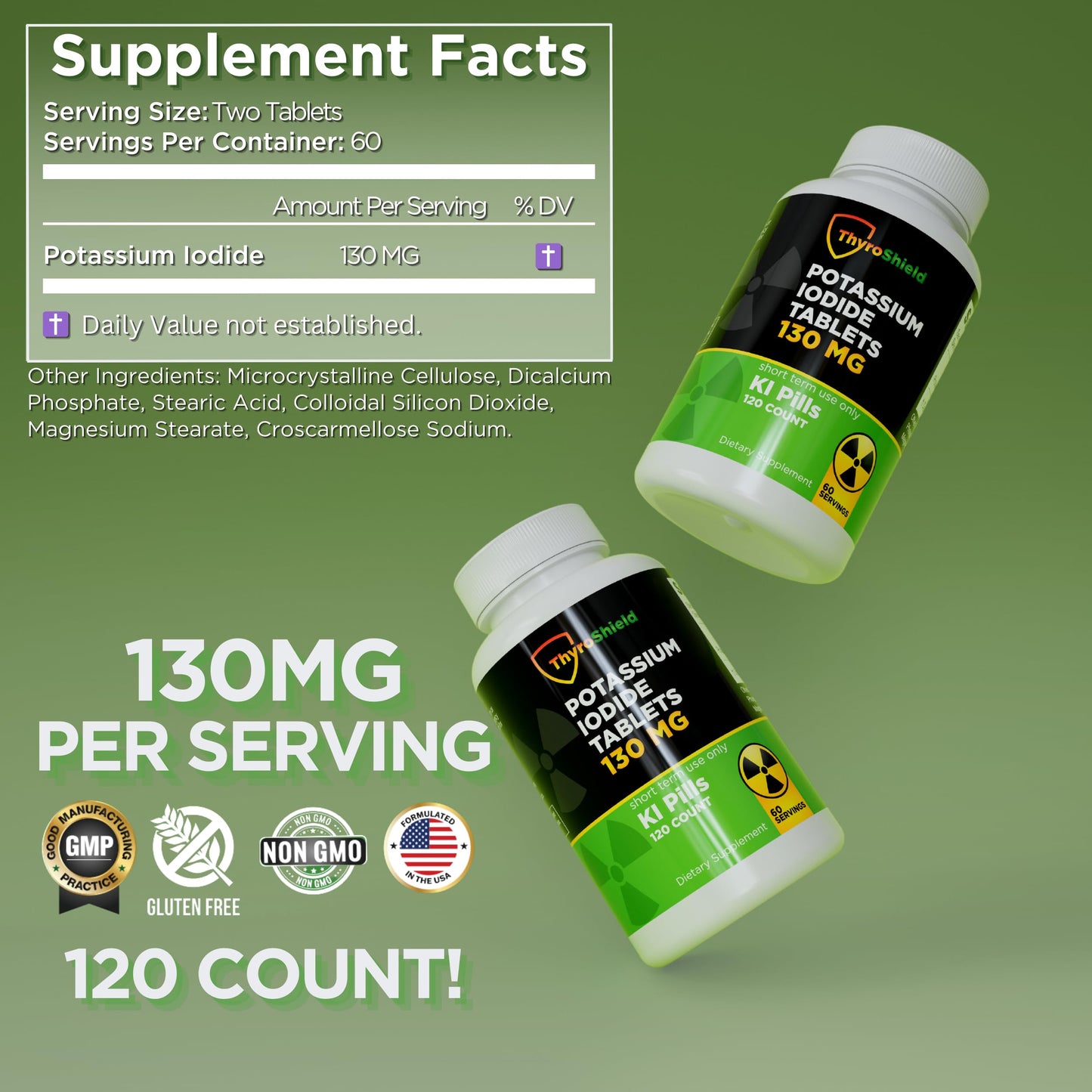 Potassium Iodide Tablets 130 mg | 120ct Two Pack | Iodine Tablets for Radiation Exposure - Potassium Iodine Pills - YODO Naciente - KI Pills - Made in USA - ThyroShield