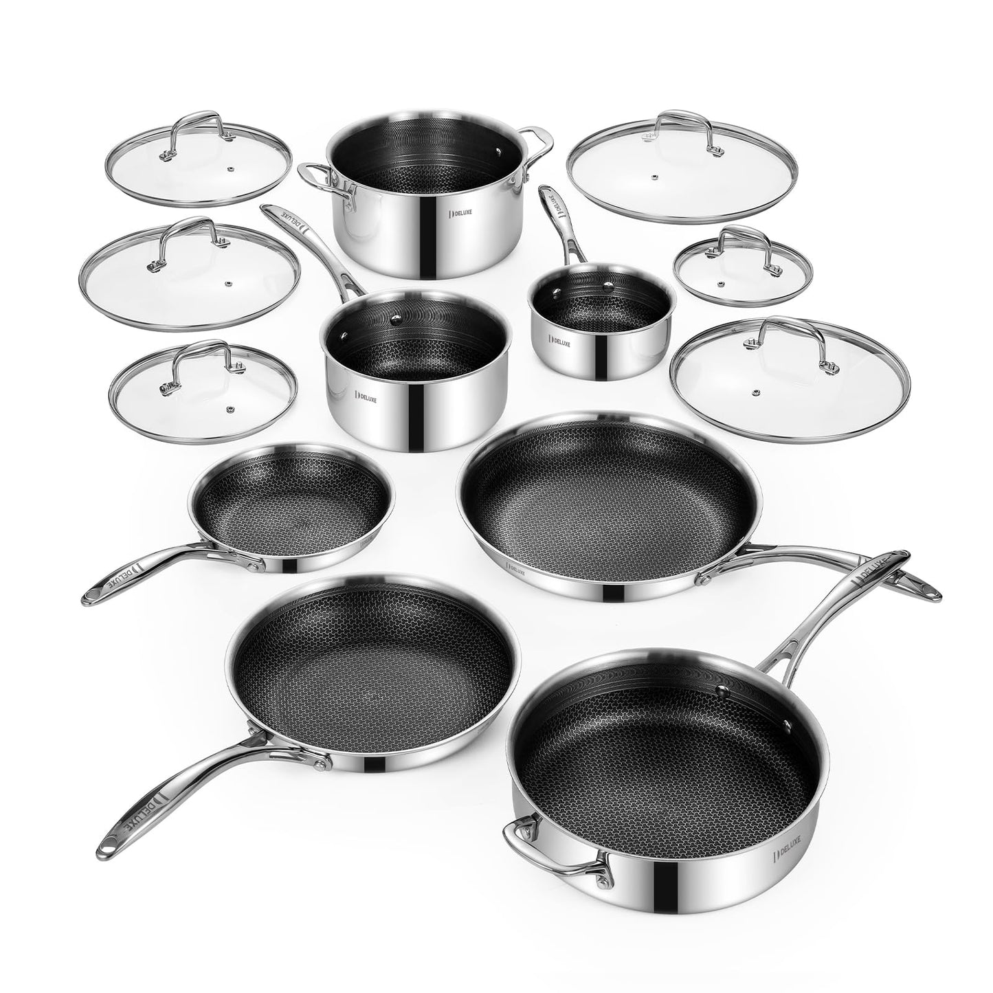 Deluxe 13 Piece Hybrid Ceramic Nonstick Stainless Steel Cookware Set-5 Piece Frying Pan Set, 6 PC Pot Set, 3.7QT Deep Sauté Pan&Lid, Induction Ready, Stay Cool, PFOA Free Compatible with All Cooktops