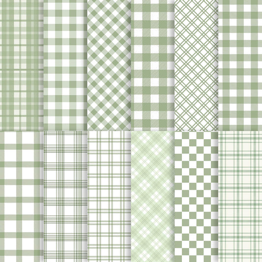 24 Sheets Sage Green Plaid Scrapbook Paper, Double Side Greenery Lattice Patterns Decorative Craft Paper Folded Flat for Spring Easter Birthday Card Making Baby Showers Photo Album Decor, 12'' x 12''