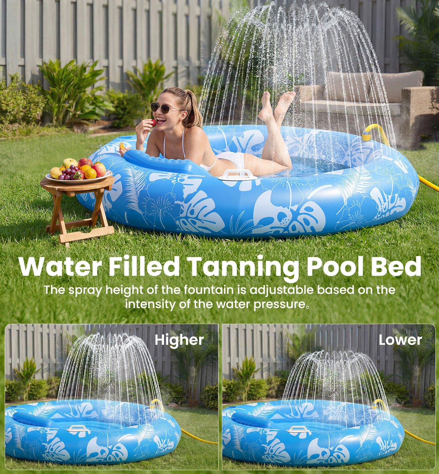 Pool Inflatable Tanning Pool Lounger Float with Sprinkler, 72"x65" Round Pool Float Adults with Pillow XL Cup Holder Handle Blow Up Tanning Bed for Summer Sunbathing Water Lounge Party Gifts, Blue