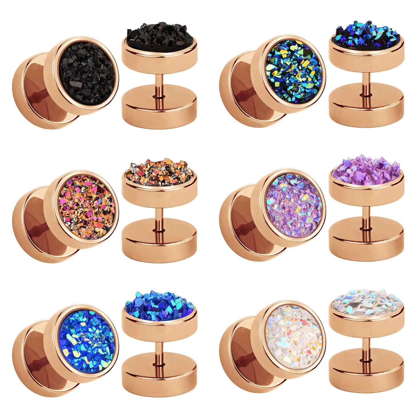 JFORYOU 6 Pairs Round Stud Earrings Stainless Steel Druzy Studs Earrings Set for Women Mens Faux Fake Cheater Ear Plugs Gauge Punk Style Rose Gold