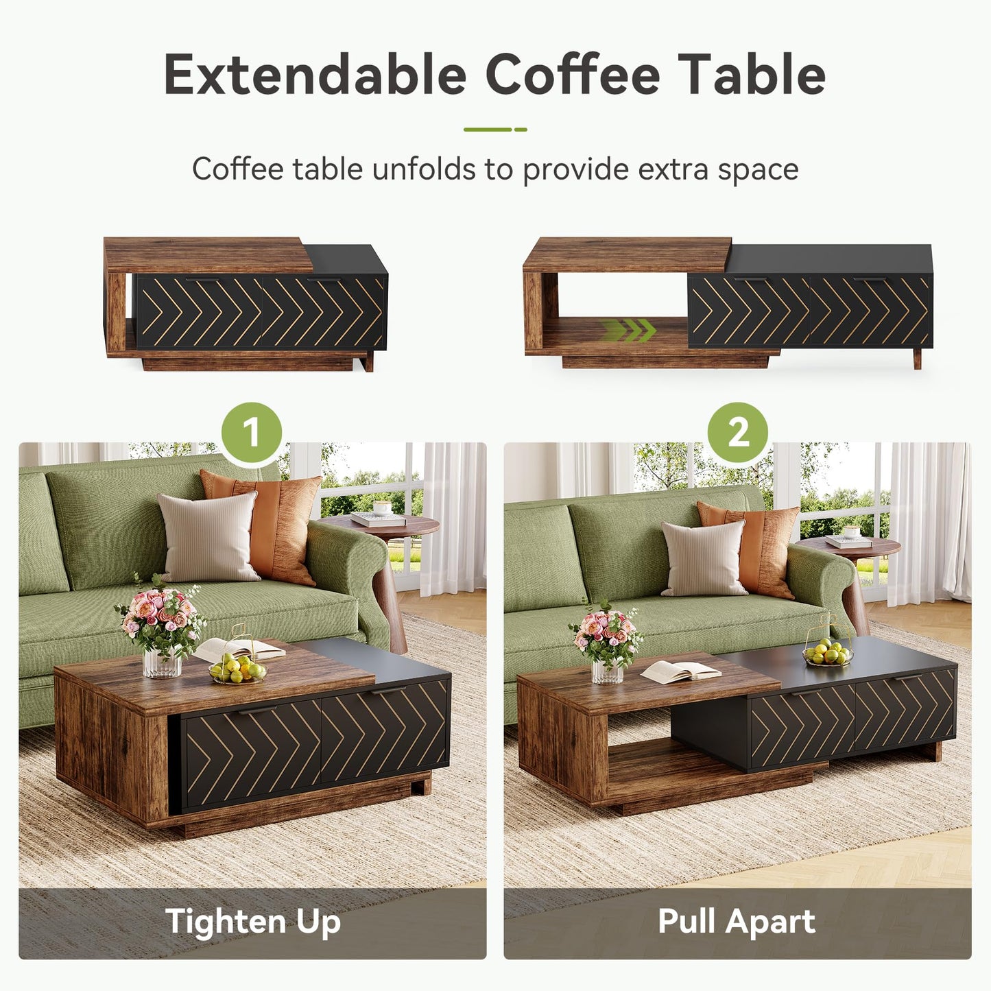 LITTLE TREE Expandable Wooden Coffee Table with 2 Drawers, Space-Saving Rectangular Farmhouse Center Table, Perfect for Living Room and Office, Brown and Black