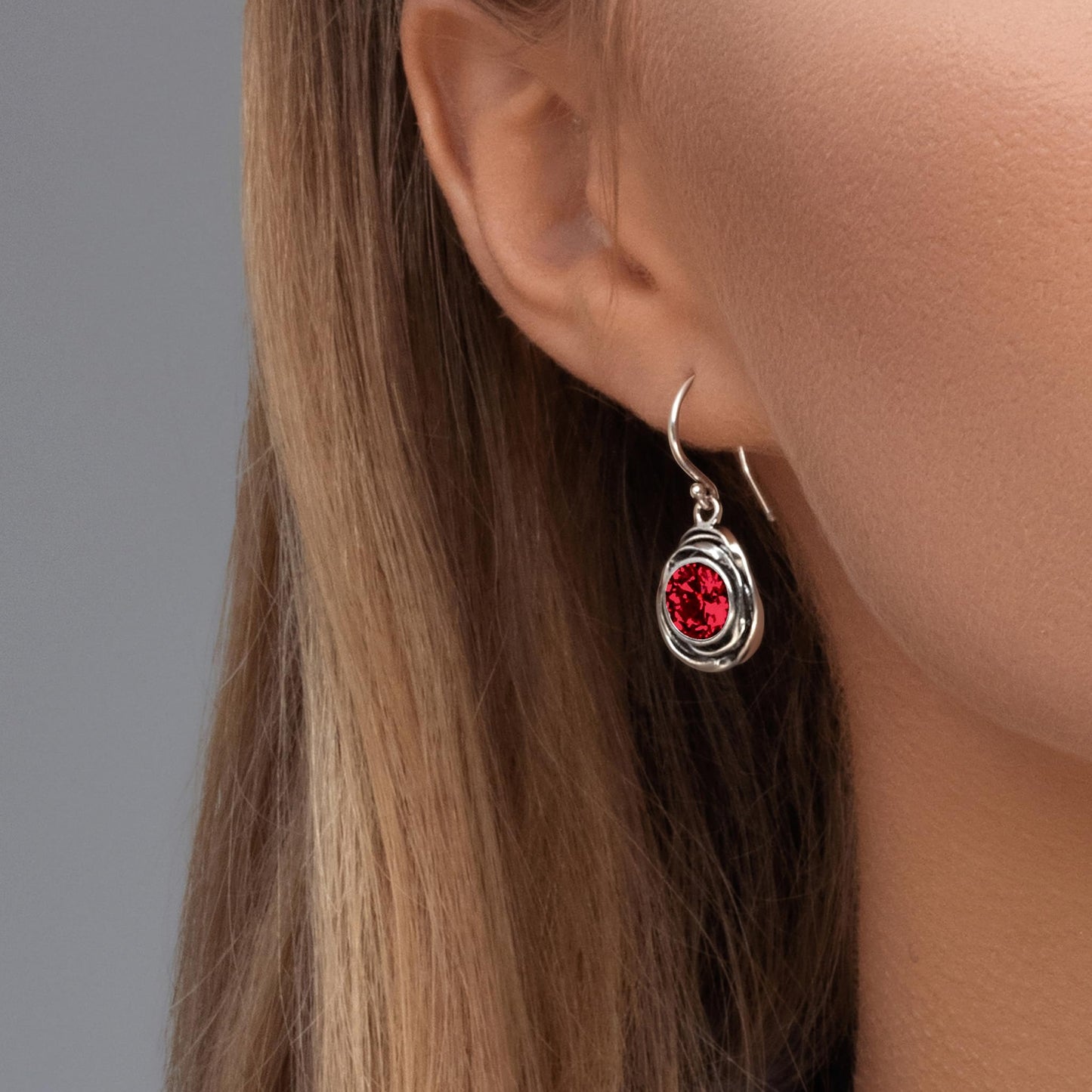 JEAN RACHEL JEWELRY 925 Sterling Silver Dangle Earrings for Women-Wire Wrap with Bezel Set Cubic Zirconia Vintage Design-Hypoallergenic, Lead & Nickel Free-Artisan Handcrafted Statement Earrings, Ruby