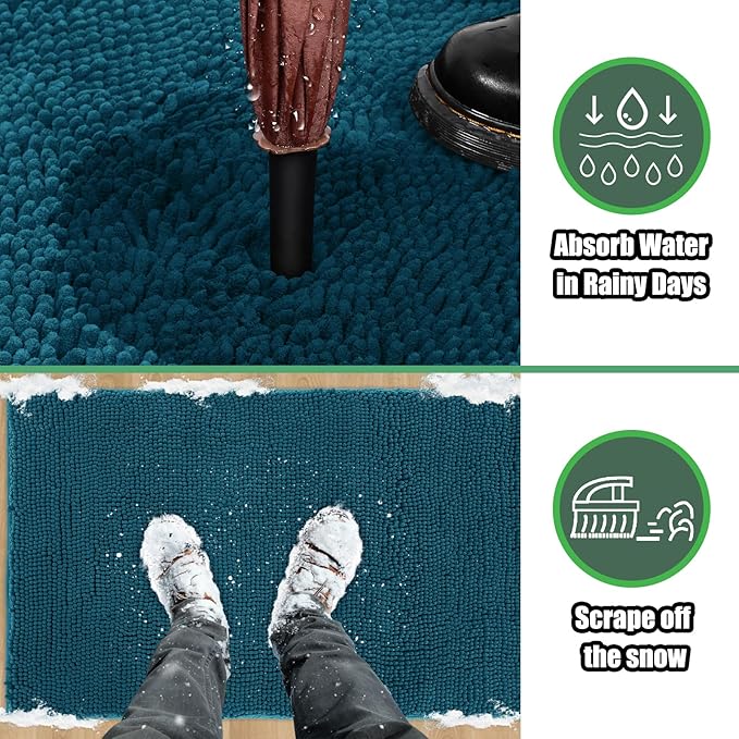 IM HOME Chenille Absorbent Outdoor Doormat 36" x 24", Washable Muddy Door Mats for Dog Non Slip Indoor Doormat Dog Mat for Muddy Paw Front Inside Doormats for Entryway Teal Blue