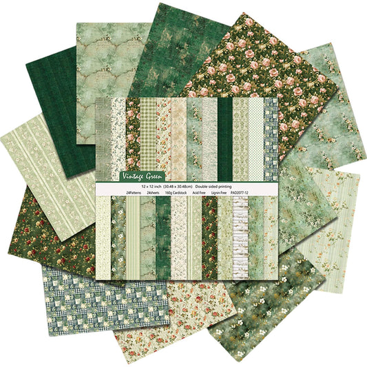 12x12 Scrapbook Paper, 24 Sheets/24 Designs Vintage Green Scrapbook Paper Set, Double-Sided Garden Pattern Floral Decorative Craft Paper For DIY Card Making Photo Album Journal Decor