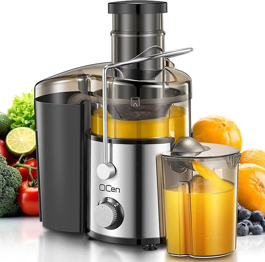 QCen Juicer Machine, 800W Centrifugal Juicer Extractor with 3” Wide Mouth Feed Chute for Fruits & Vegetables, Easy to Clean, Stainless Steel, BPA-Free