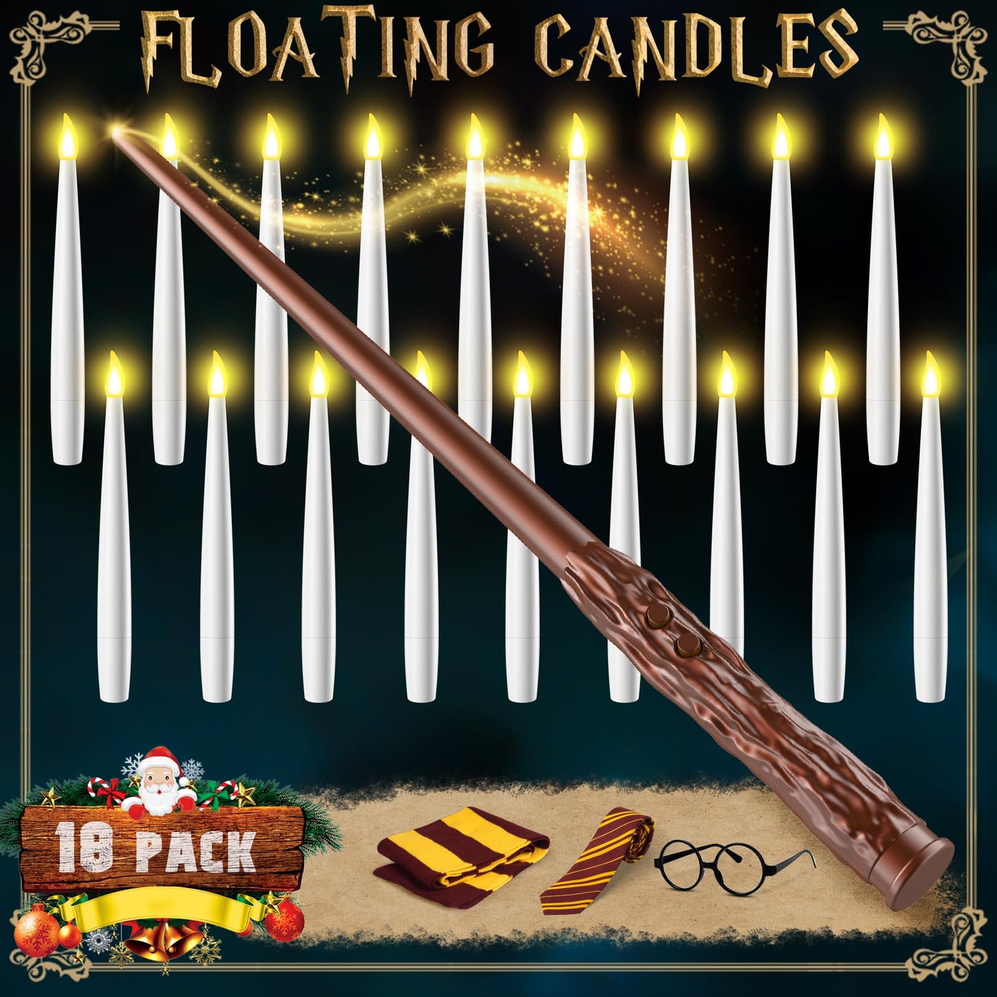 TLPUHU Floating Candles with Wand - Christmas Decorations Magic Flameless Candles Flickering Warm Light LED Hanging Candle Remote, Battery Operated Candles for Christmas Outdoor Indoor Party Decor