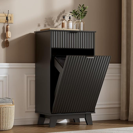 Modern Tilt Out Laundry Hamper Cabinet, 10 Gallon Wooden Trash Can Cabinet with Storage Drawer, Hidden Fluted Bathroom Storage Cabinet for Kitchen, Living Room (Black, 20.47"W x 35.83"H x 13"D)