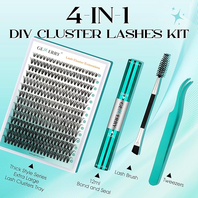 GEMERRY Fluffy Lash Extension Kit Thick Lash Clusters Kit Eyelash Clusters 280Pcs D Curl Eyelash Extension Kit With Lash Bond and Seal, Lash Tweezers, DIY Lash Extension(80P+100P-10-18mm)