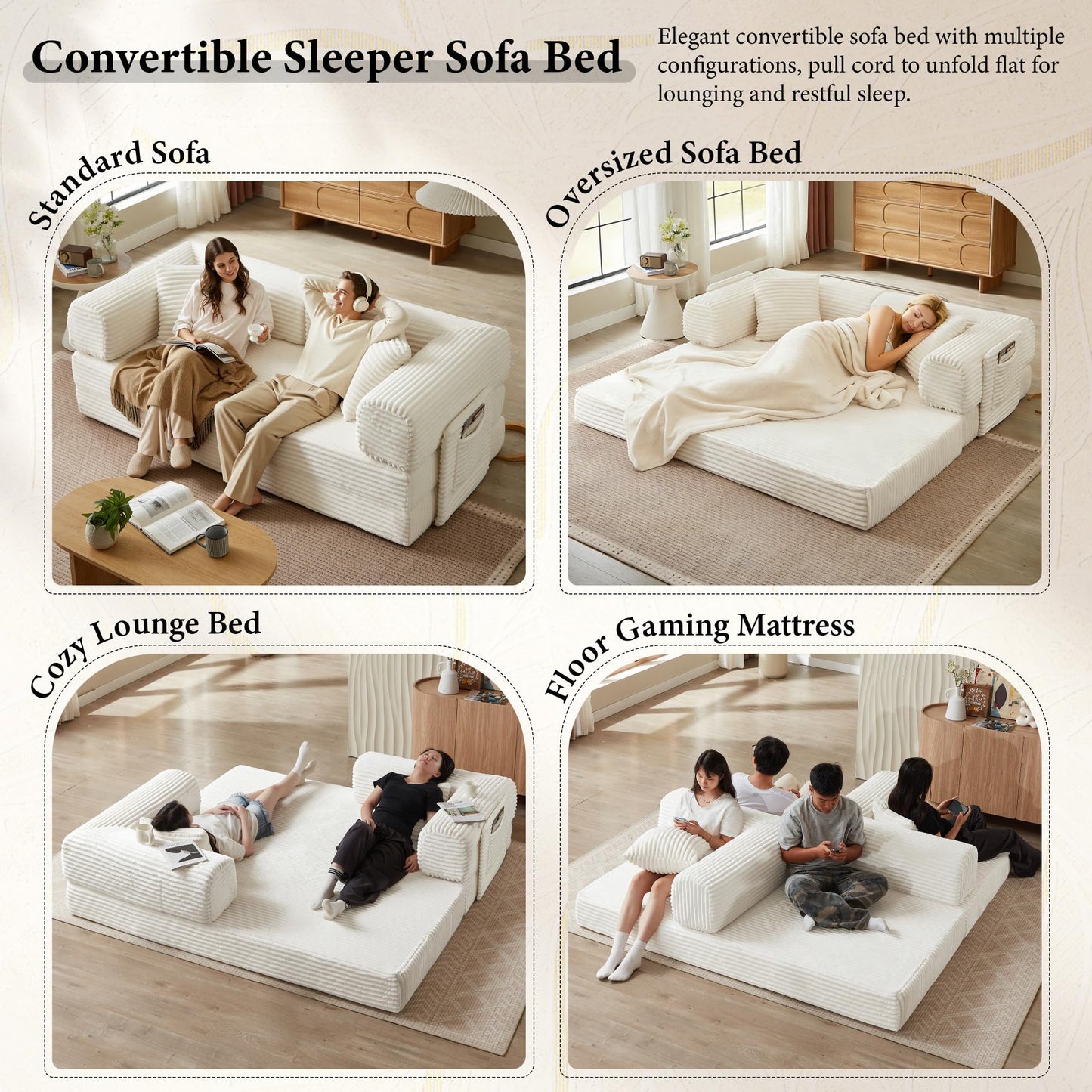 AUGOP Boneless Couch Folding Couches for Living Room Sofa, Futon Sofa Bed with Sleeper Sofa, Futon Couch with Fixed-Shape Oversized Corduroy Upholstered (White, 81 Inches)
