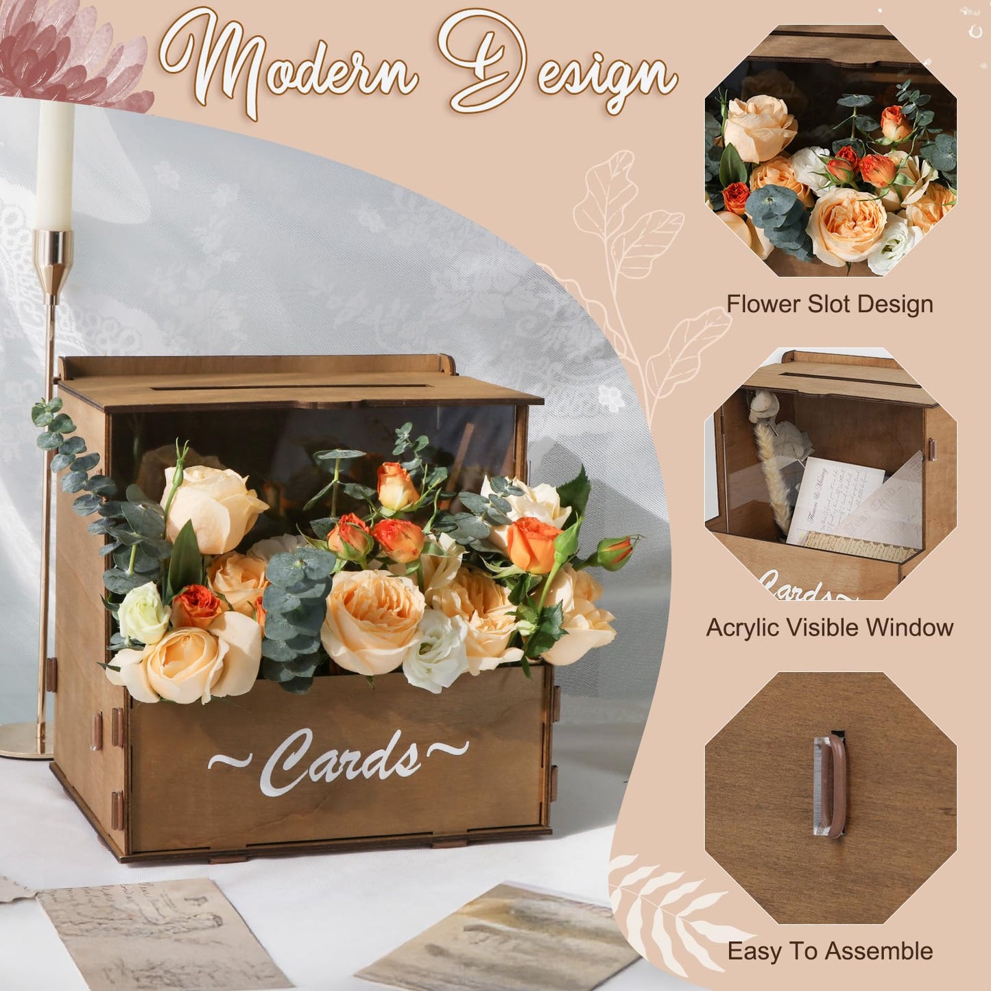 OurWarm Brown Wedding Card Box with Flower Trough & Acrylic Board, Wooden Wedding Card Boxes for Reception, Money Gift Box for Honeymoon, Graduation, Baby Showers, Birthday Party Decorations