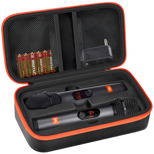 Againmore Wireless Microphone Case Compatible with JBL Wireless Two Microphone System, Handheld Dual Mic Travel Bag for Singing or Karaoke for Receivers, Adapters, AA Batteries-Black(Box Only)