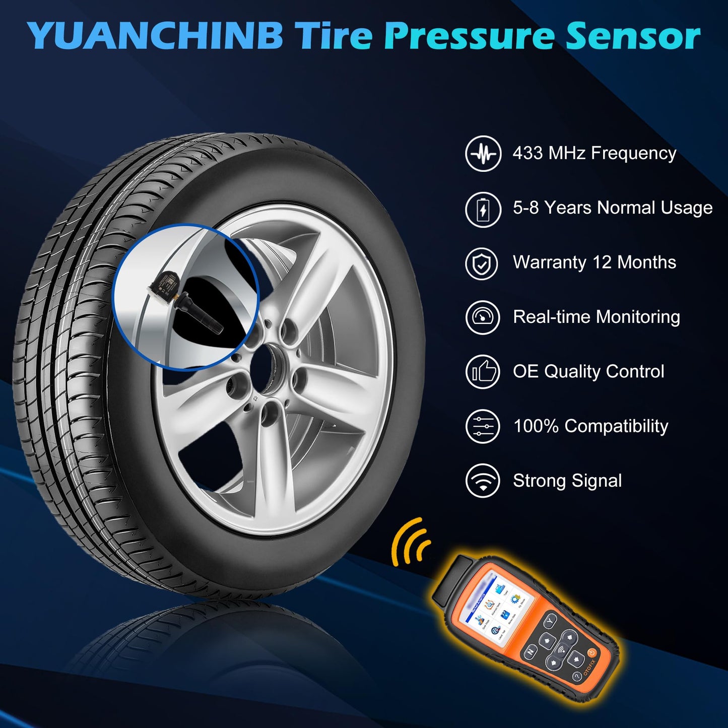 YUANCHINB Set of 4 TPMS Tire Pressure Sensors GM TPMS Sensors 433MHz Compatible with Chevy Silverado Tahoe Buick Enclave Cadillac Escalade GMC Sierra Replaces# 13598773 13589601(4 PCS)