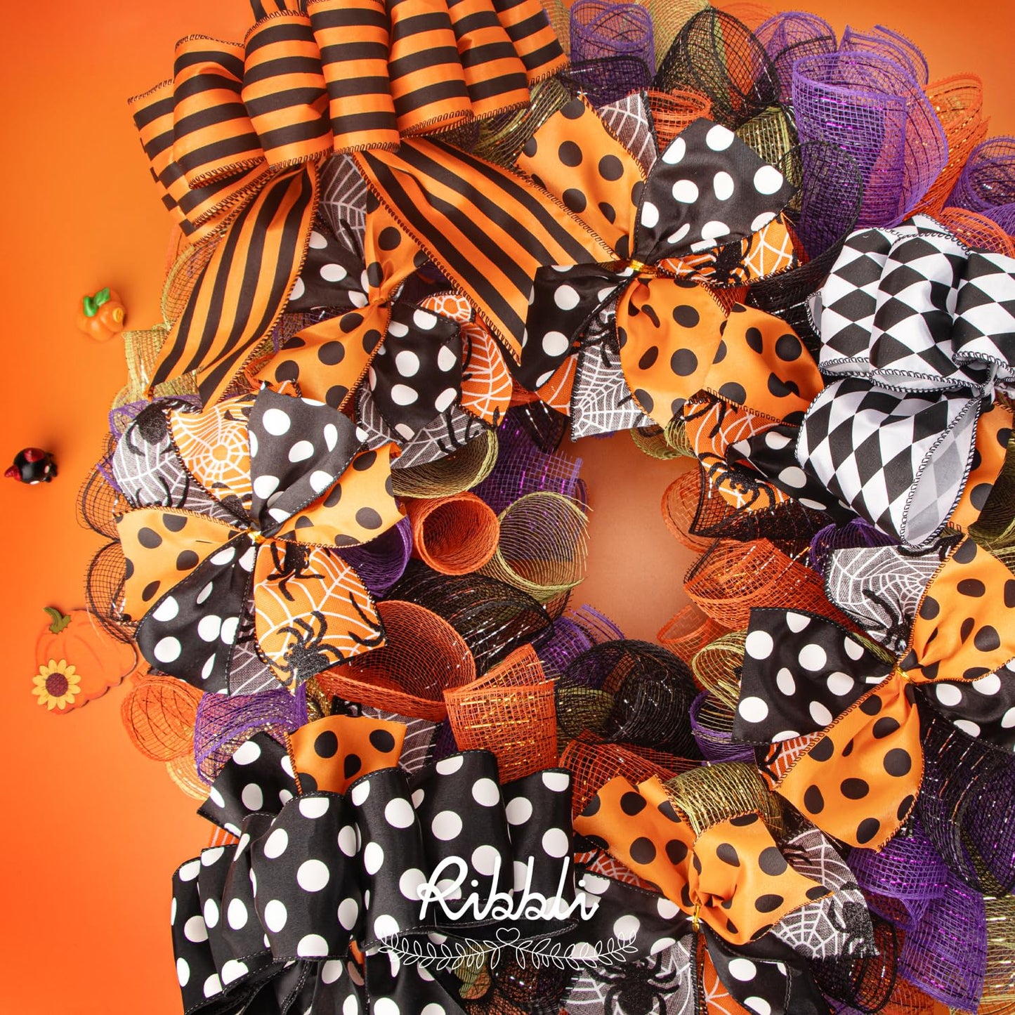 Ribbli 4 Rolls Halloween Metallic Mesh Ribbon,10 inch x 30 feet(10Yard) Each Roll,Halloween Ribbon for Wreath Swags-Orange/Black(Gold foil)/Purple/Black(Black foil