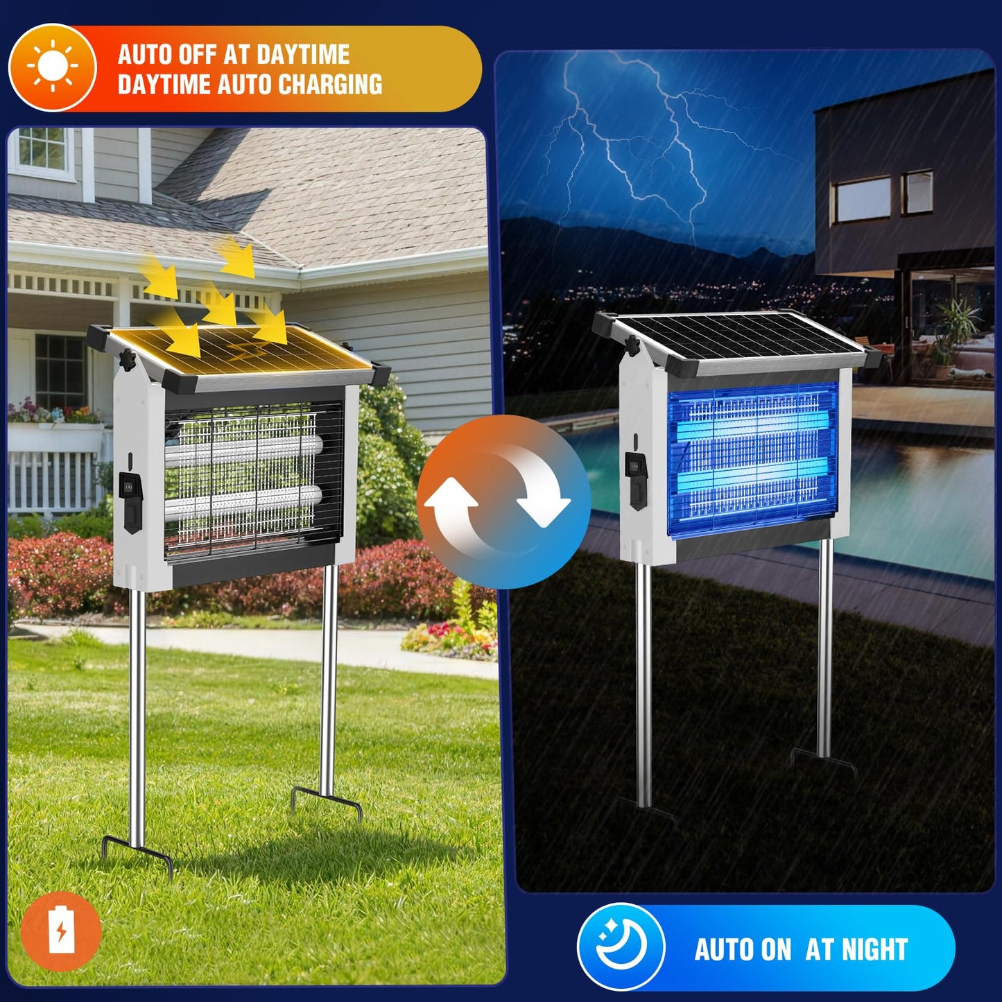 Solar Bug Zapper Outdoor Waterproof, 4500V Rechargeable Mosquito Zapper with Solar Panel Sensor, Auto ON/Off, 10ft Extension Cord & Solar Powered Bug Zapper, Cordless Insect Zap for Patio Yard Garden