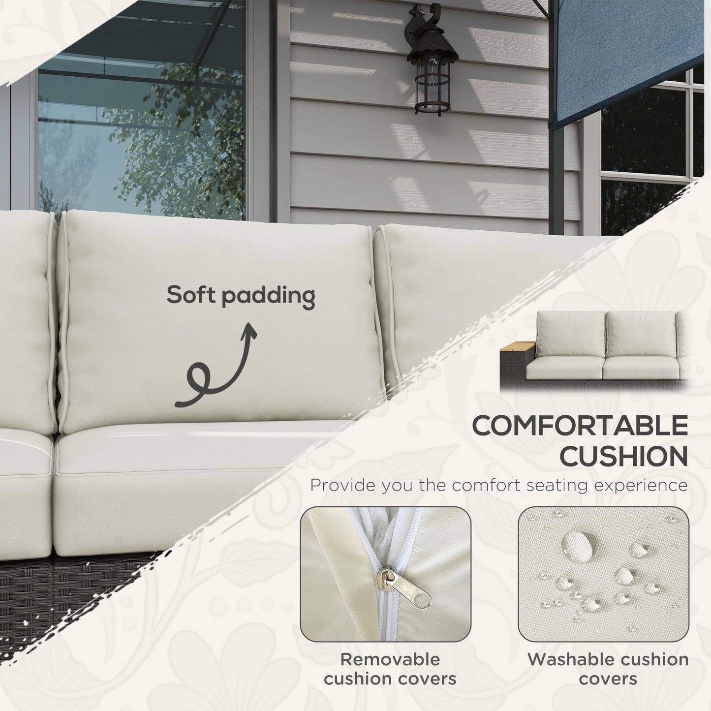 Outsunny 3-Seat Outdoor Patio Sofa with 24.5" Extra Wide Deep Seats, PE Wicker Sofa with Wide Wood Effect Armrests and 4" Cushions, Rattan Outdoor Couch for Porch, Garden, Poolside, Beige