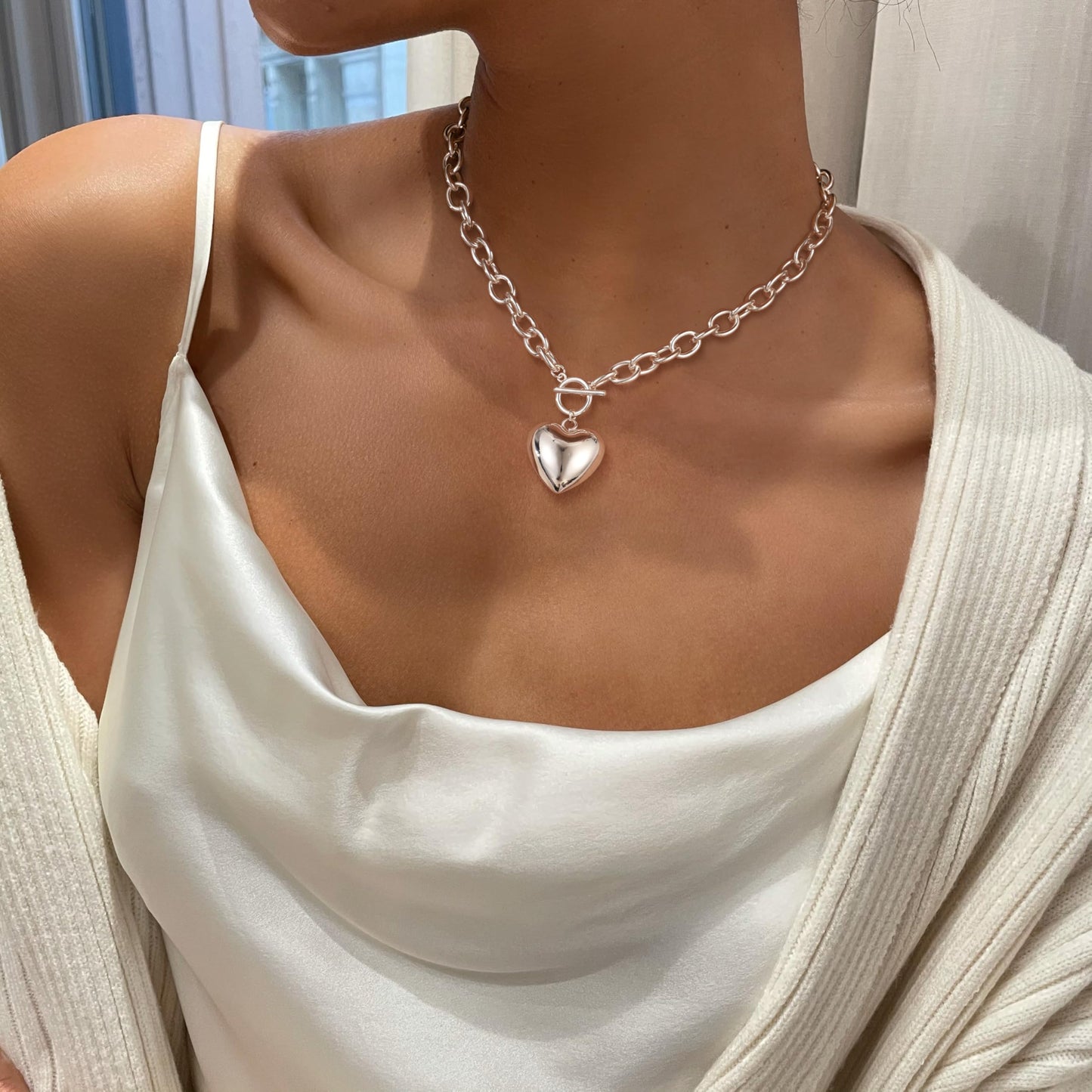 Freekiss Toggle Necklaces for Women with Heart: Chunky 925 Sterling Silver Choker Lover Pendant Necklace for Women Trendy Dainty Hypoallergenic Paperclip Necklace Womens Jewelry Gifts