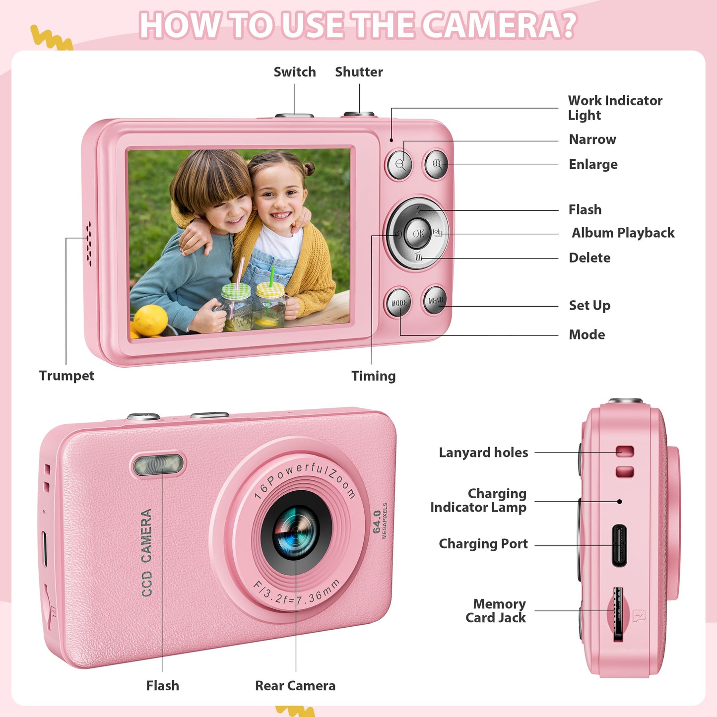 Kids Camera Toys for Boys Girls,Digital Video Camera Toys for Kids with MP3 Music Player and 32GB SD Card,Ideas Birthday Gifts for 4 5 6 7 8 9 10+ Years Old Little Girls and Boys(Pink)