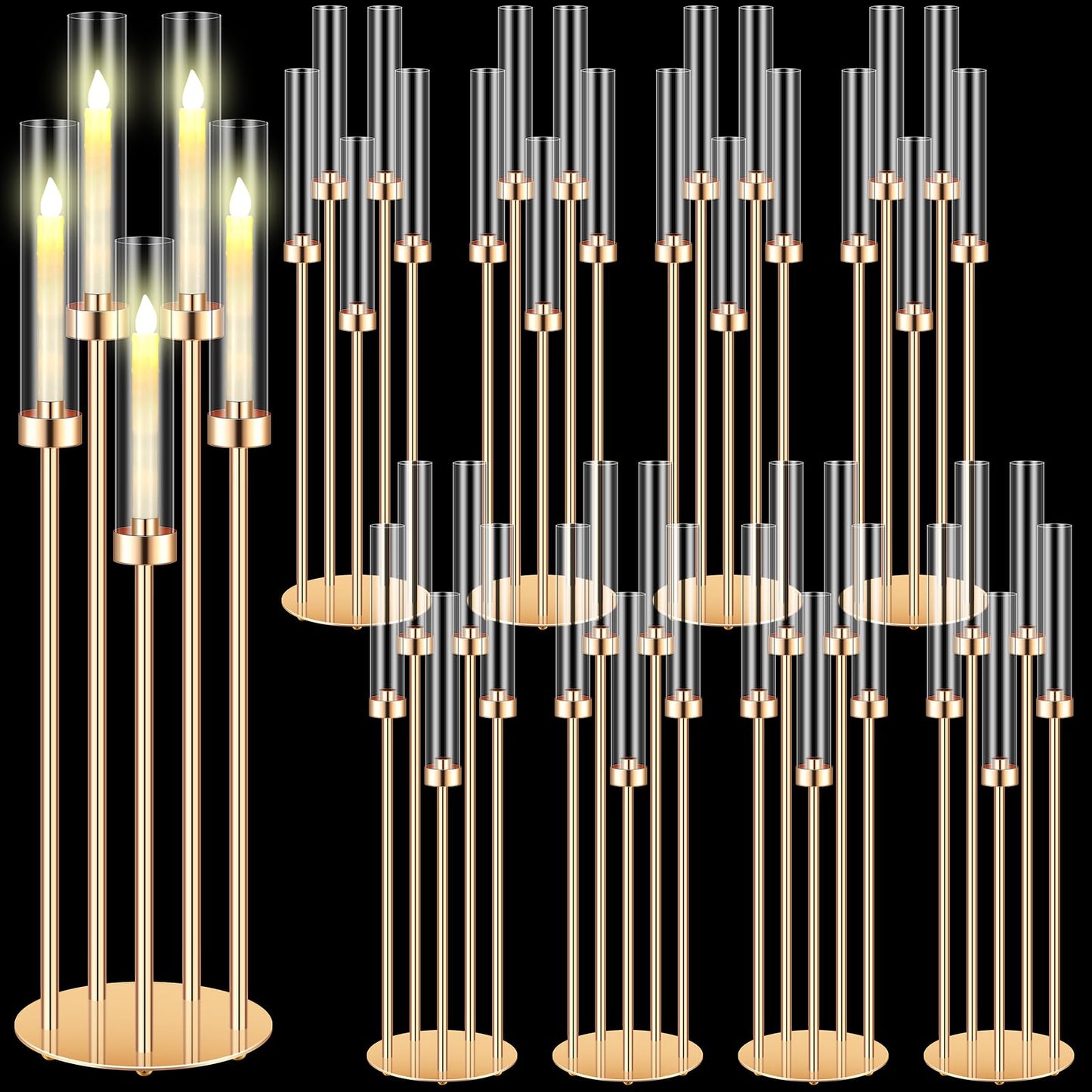 Tandefio 8 Pcs Acrylic Candelabra Centerpieces 35" Tall Clear Candle Holders Pillar Taper Candlestick with Lampshades 5 Arm Floor Candelabra Stand for Wedding Christmas Ceremony Dinner Party"