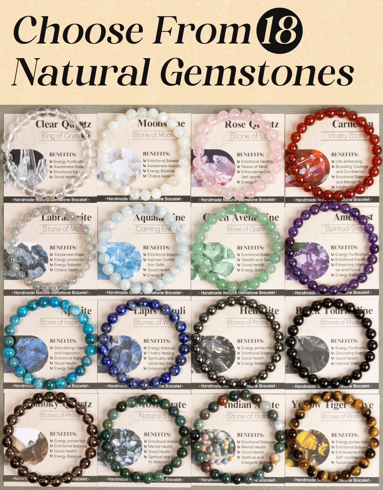 Landorilo Beaded Bracelet for Men Women, 8mm Natural Stone Clear Quartz Healing Crystal Stretch Bracelets, Ideal Christmas Birthday Jewelry Gifts with Energy Card，Replacement Beads Included