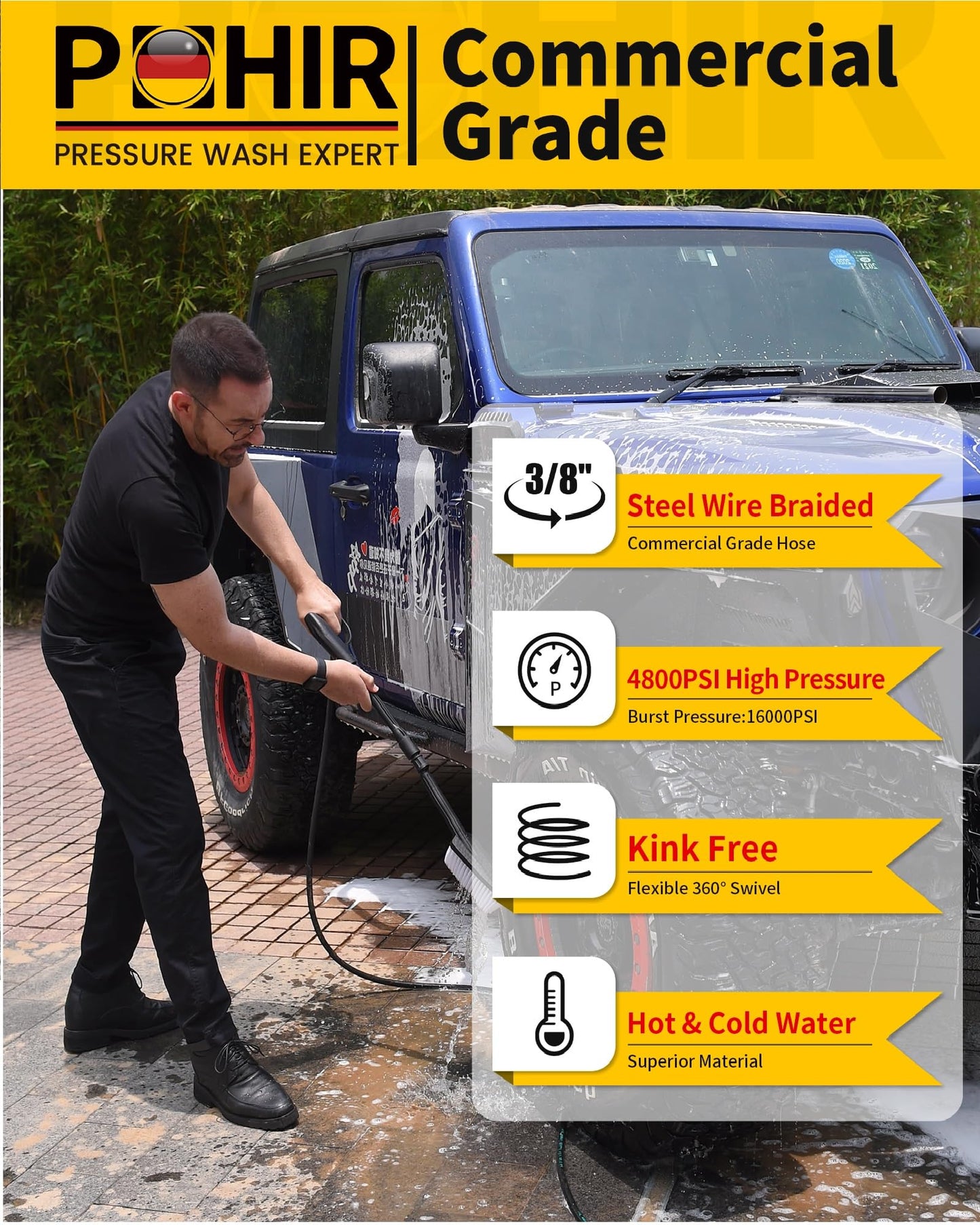 3/8" 200FT Pressure Washer Hose 4800PSI, Power Washer Hose Steel Wire Braided with Swivel Quick Connect, Commercial Grade Industrial High Pressure Water Washing Hose (4800PSI, 200FT)