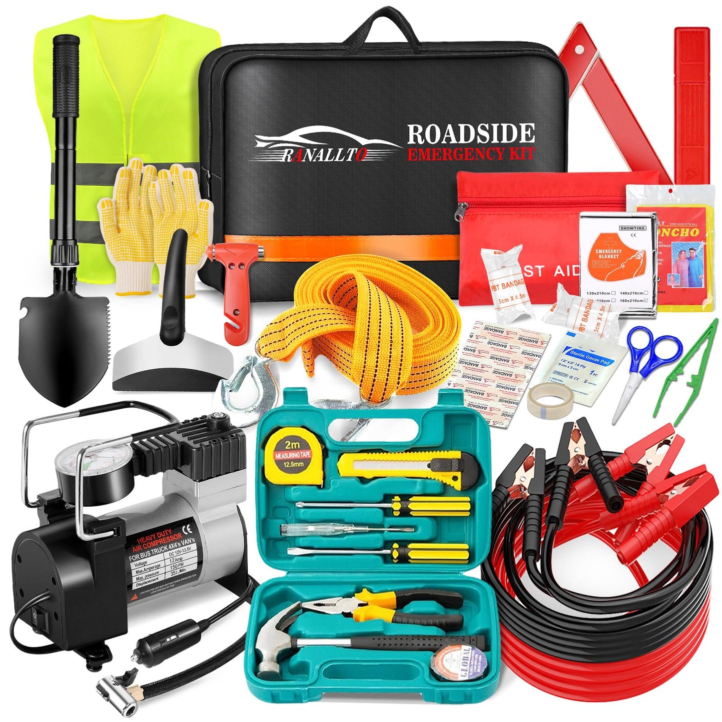 Car Emergency Roadside Kit,Vehicles Truck Road Side Safety Tool Kit with Air Compressor,Women Men Auto Winter Essentials Assistance Survival Kit with Jumper Cables First Aid Kit Blanket Shovel