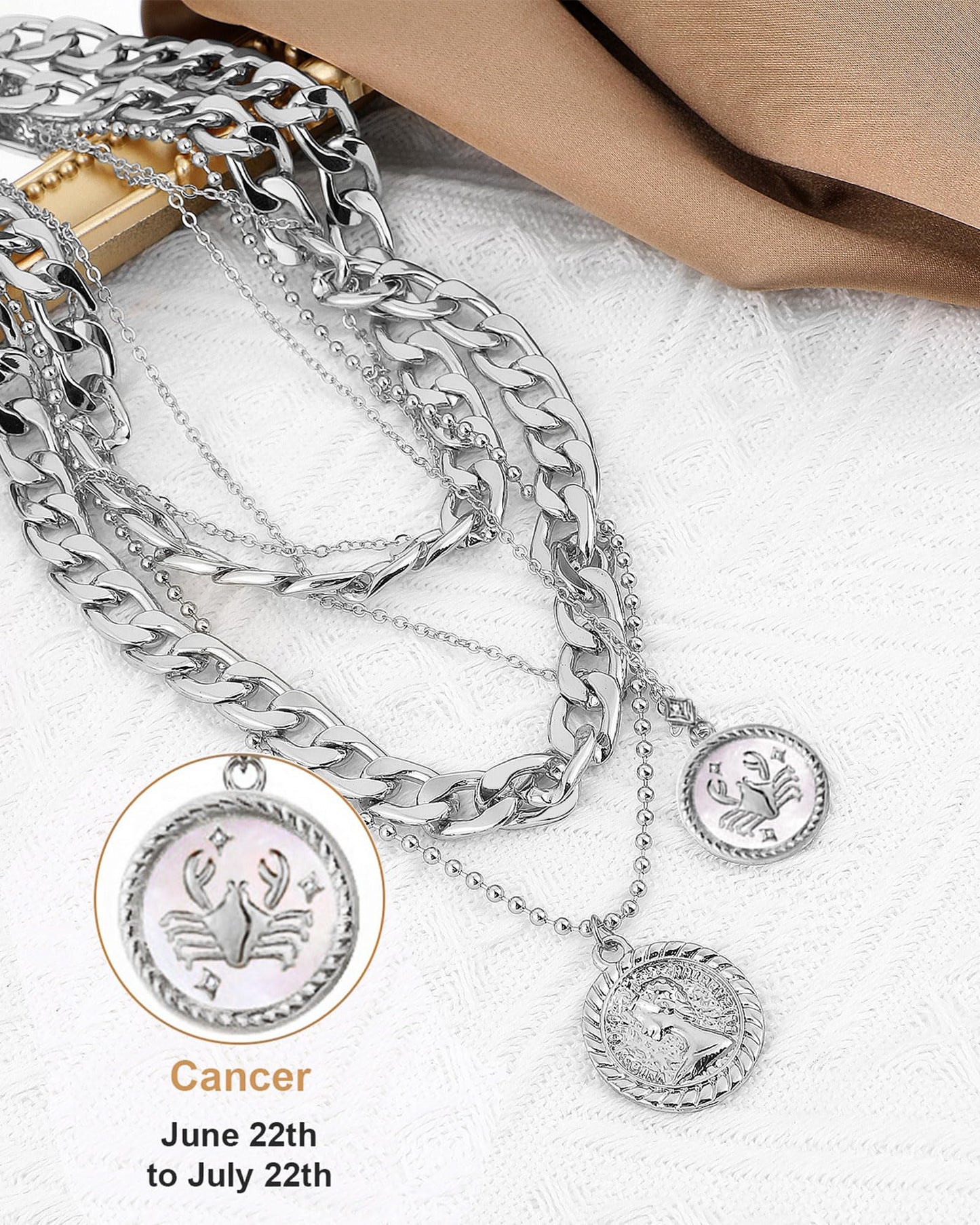 MJartoria Gold Layered Necklaces for Women Trendy Retro Coin Pendant Necklace Dainty Chunky Chain Choker Necklaces for Jewelry Birthday Gifts (Silver, Zodiac-Cancer-3PCS Layered)